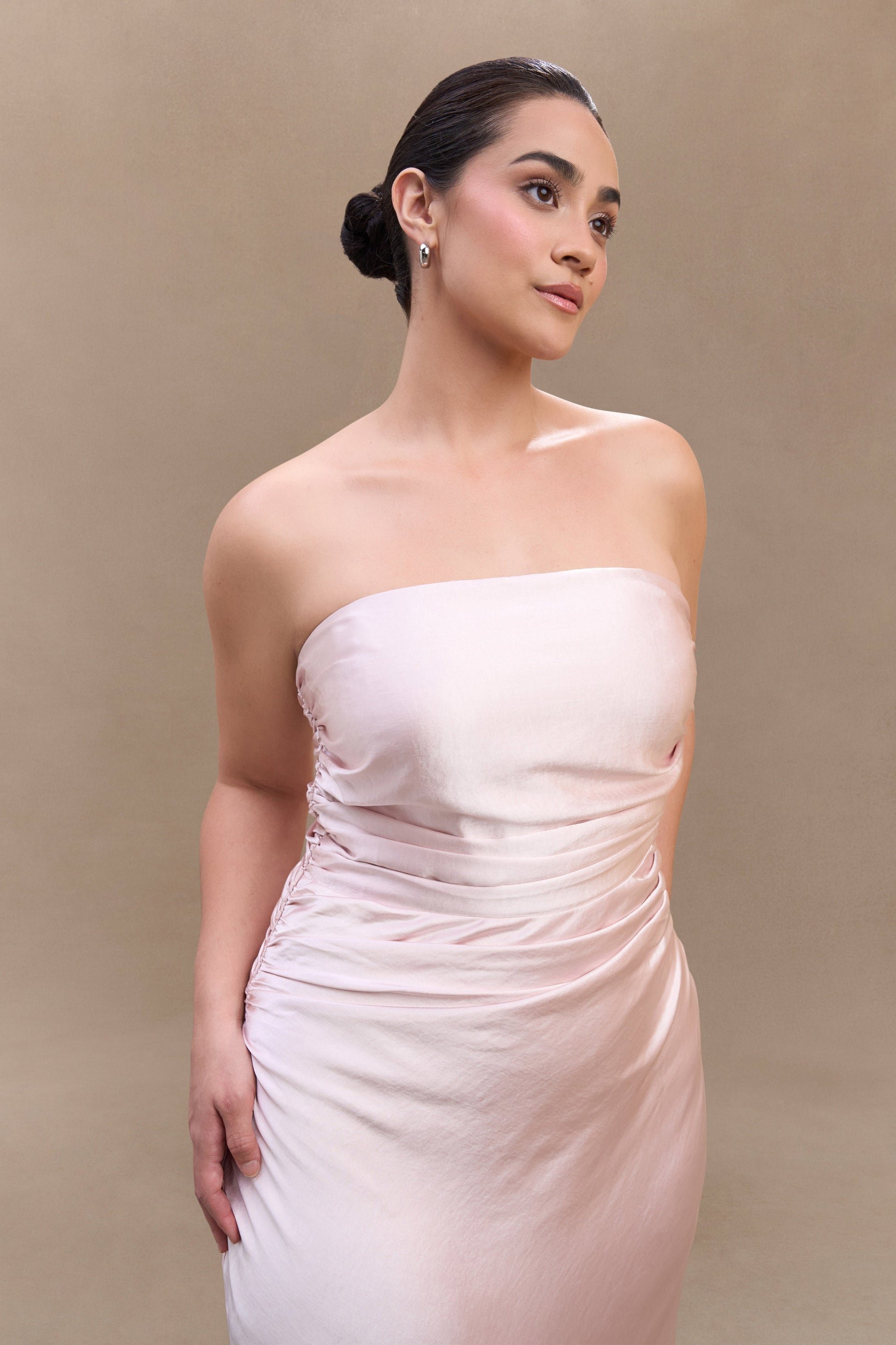 meshki pink satin dress Cedar Strapless Satin Maxi Dress / Soft Pink | MESHKI