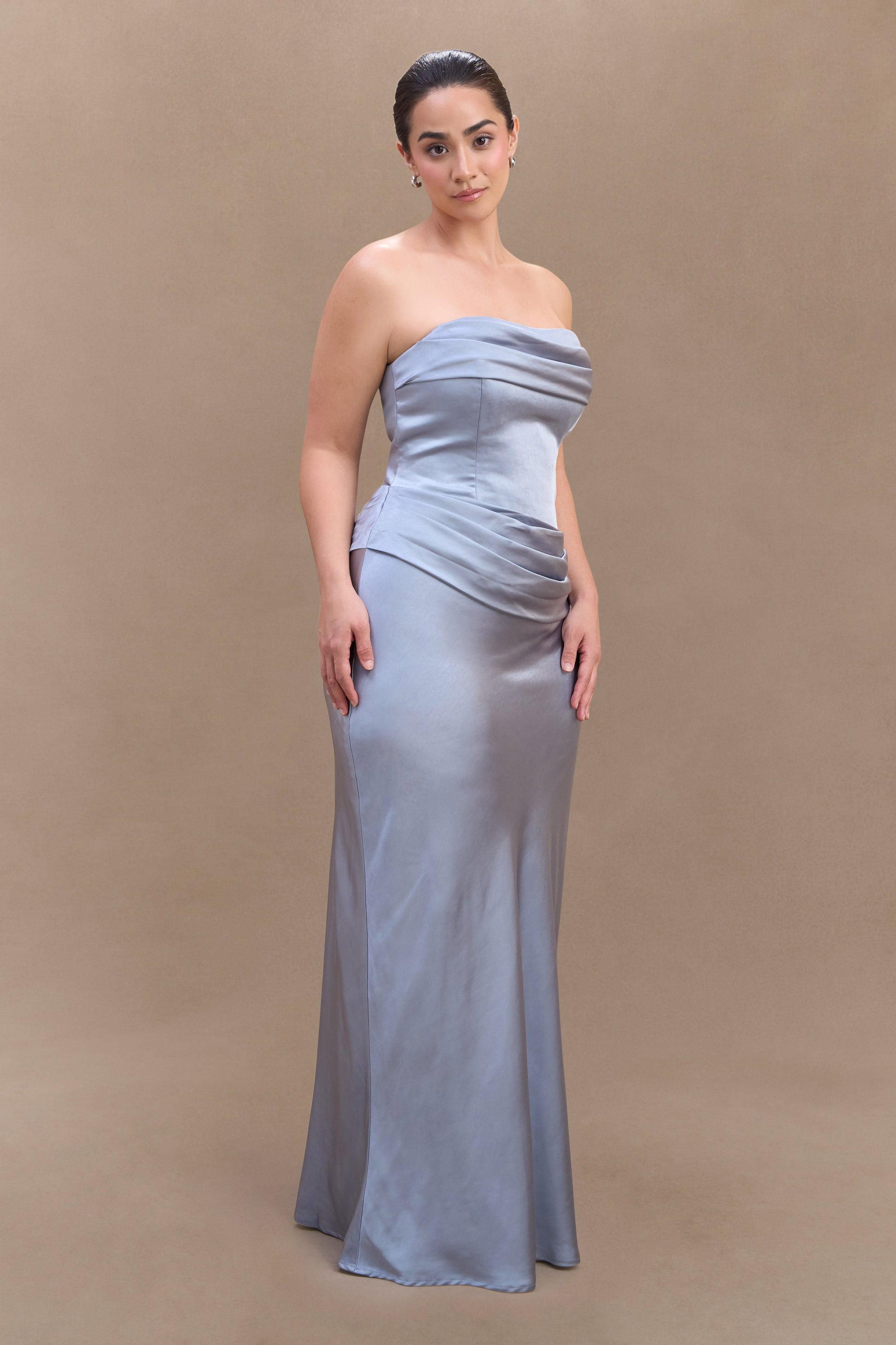 Jasmine Strapless Satin Maxi Dress / Frosted Blue | MESHKI