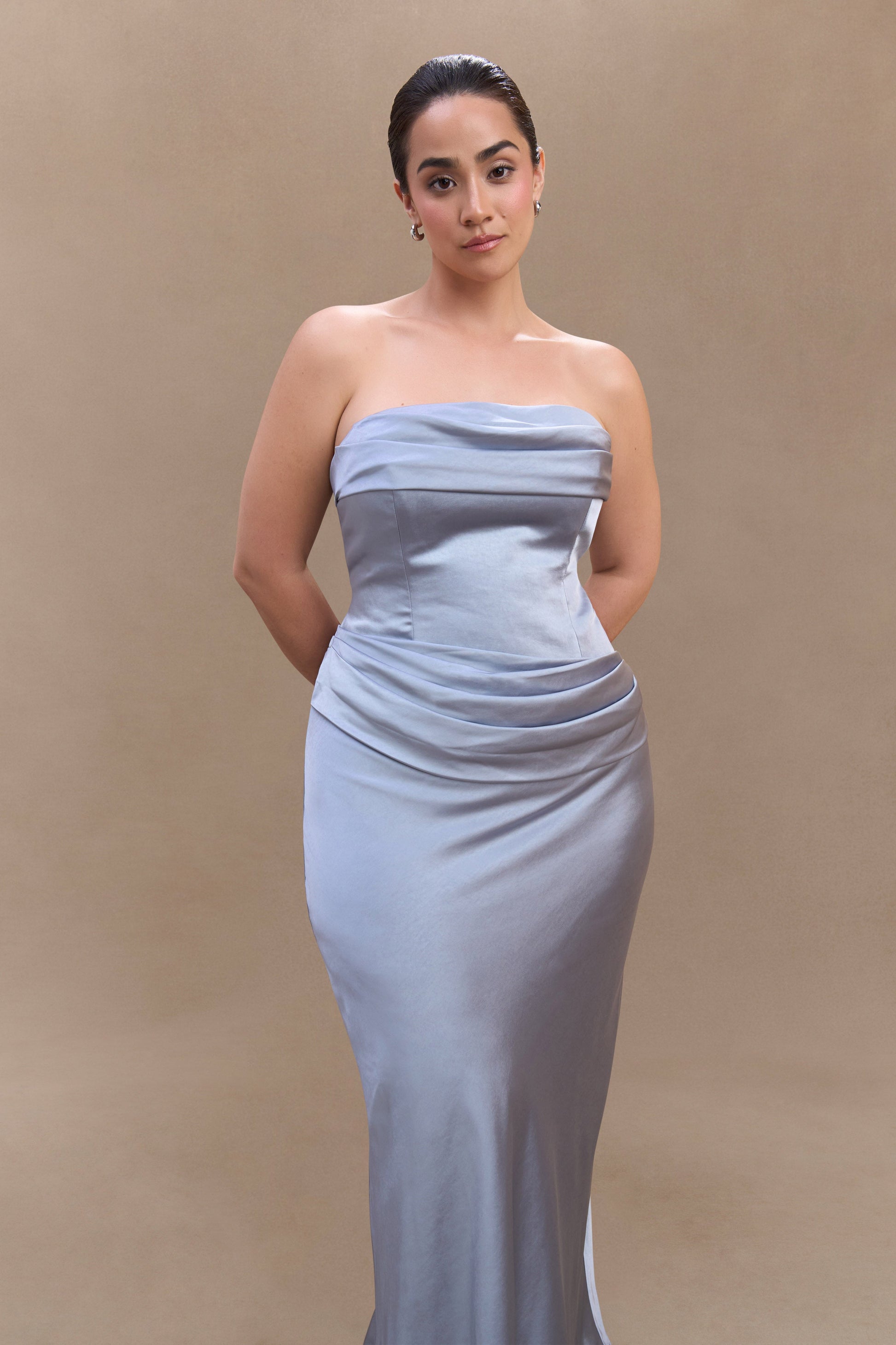 Jasmine Strapless Satin Maxi Dress / Frosted Blue | MESHKI
