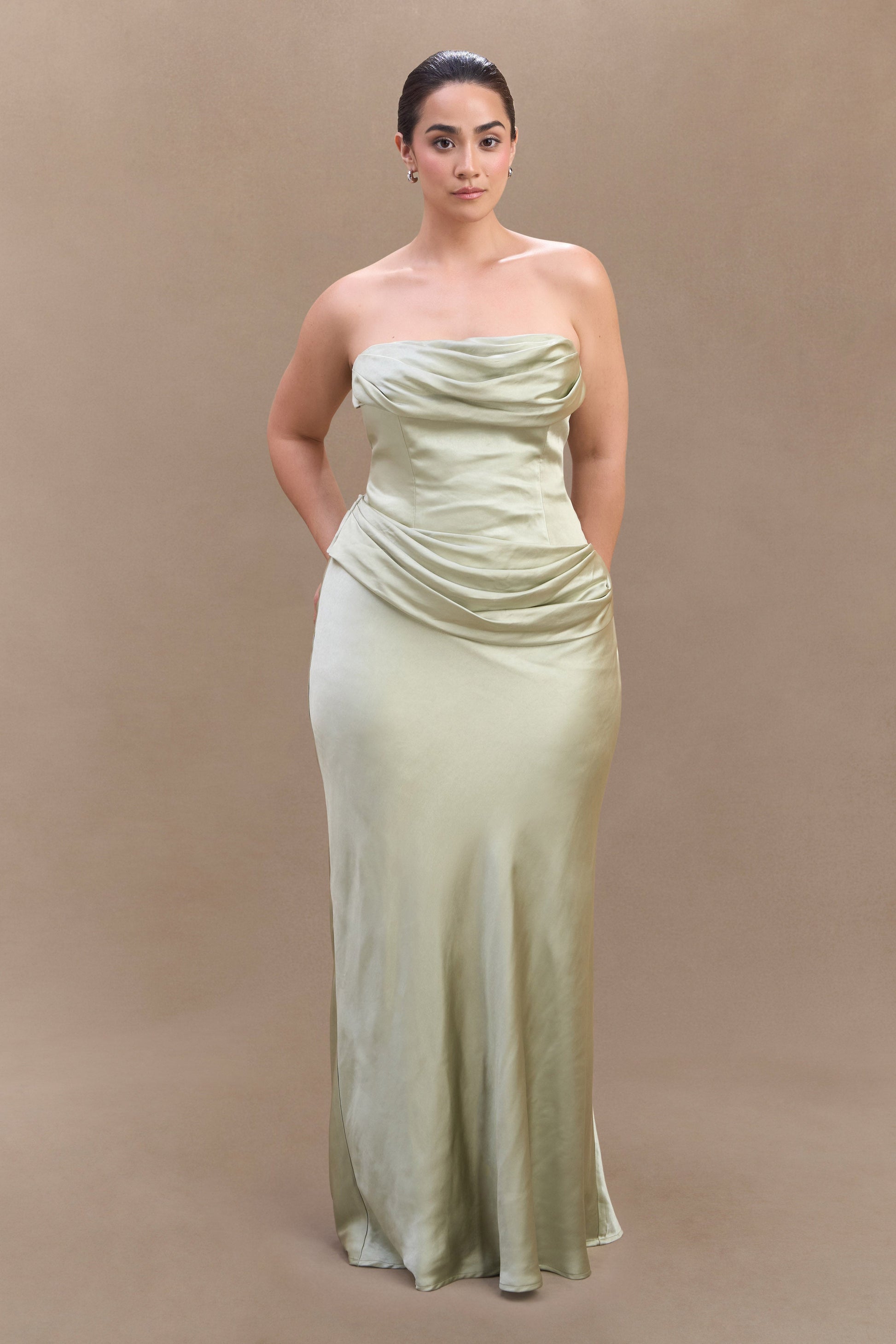 jasmine strapless satin maxi dress Jasmine Strapless Satin Maxi Dress / Sage | MESHKI