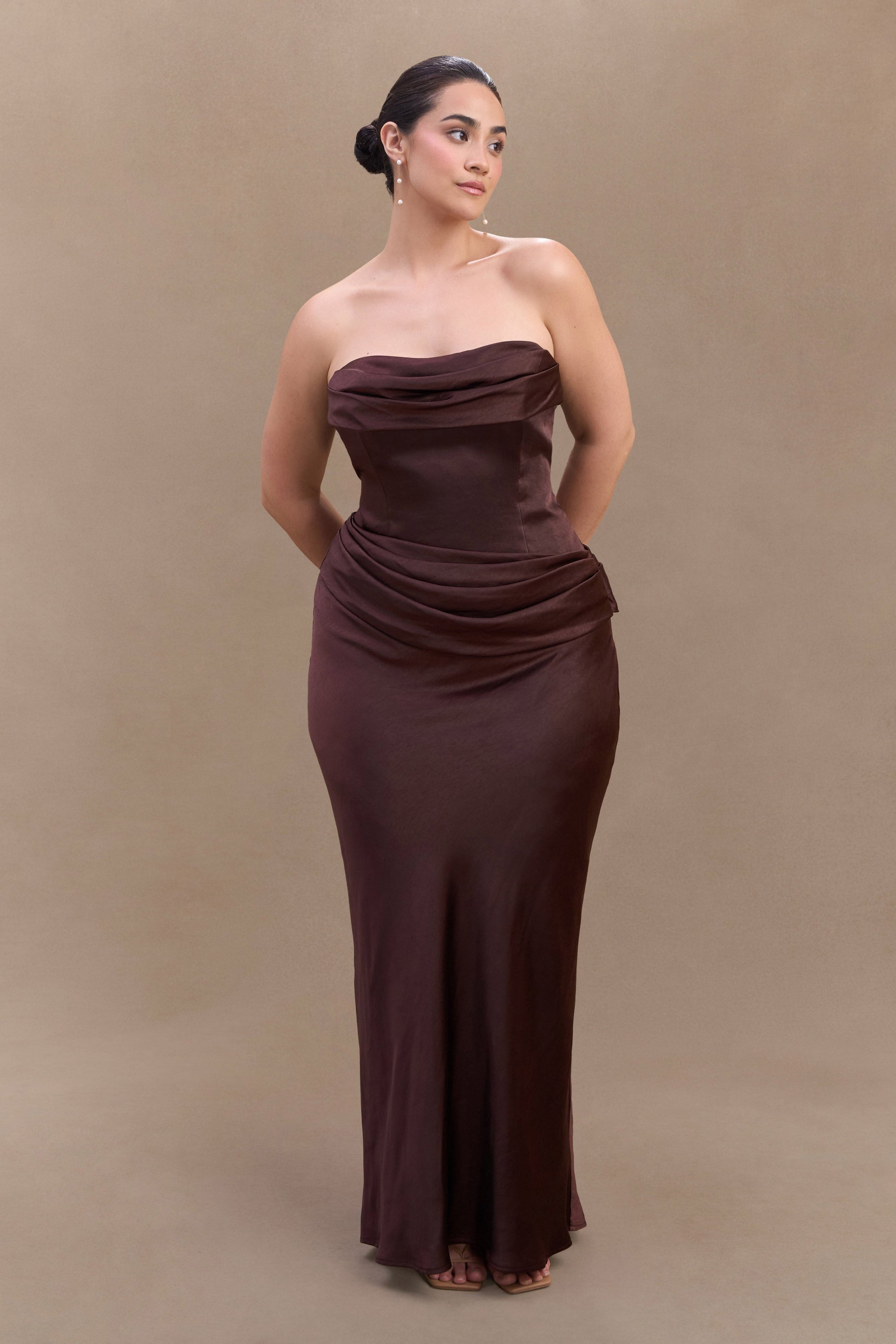 Jasmine Strapless Satin Maxi Dress / Dark Chocolate | MESHKI | XS Jasmine Strapless Satin Maxi Dress / Dark Chocolate | MESHKI | XS