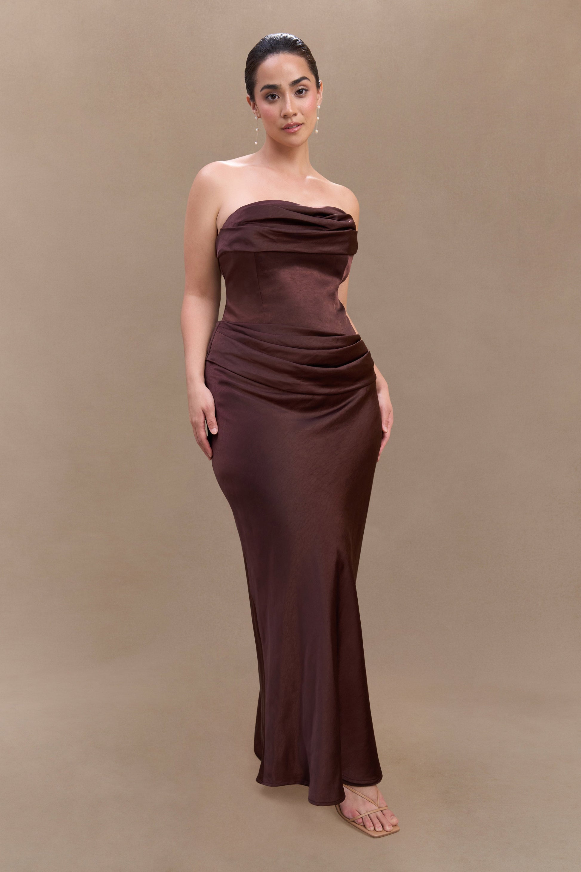 Jasmine Strapless Satin Maxi Dress / Dark Chocolate | MESHKI | XS Jasmine Strapless Satin Maxi Dress / Dark Chocolate | MESHKI | XS