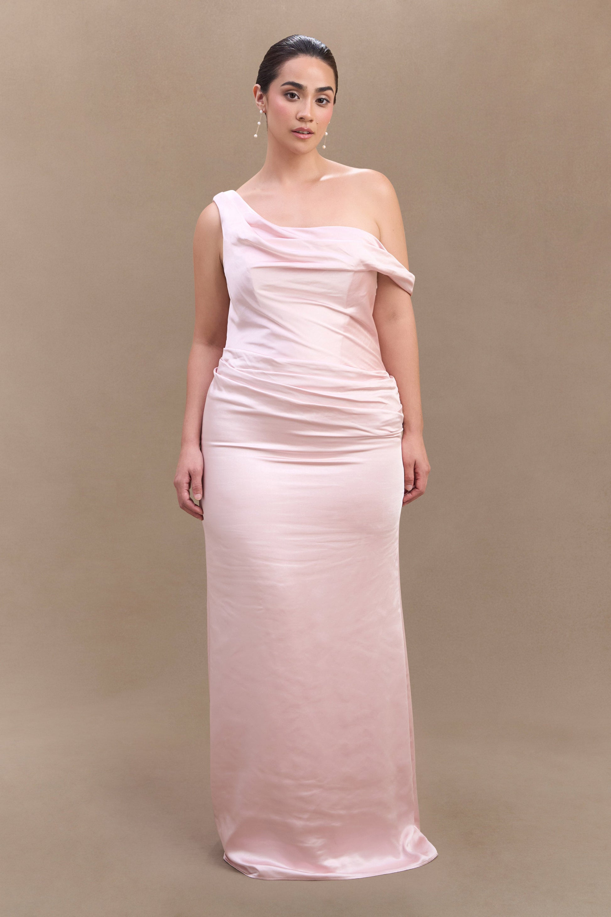 Dalia Off Shoulder Satin Maxi Dress - Soft Pink | MESHKI US Dalia Off Shoulder Satin Maxi Dress - Soft Pink | MESHKI US