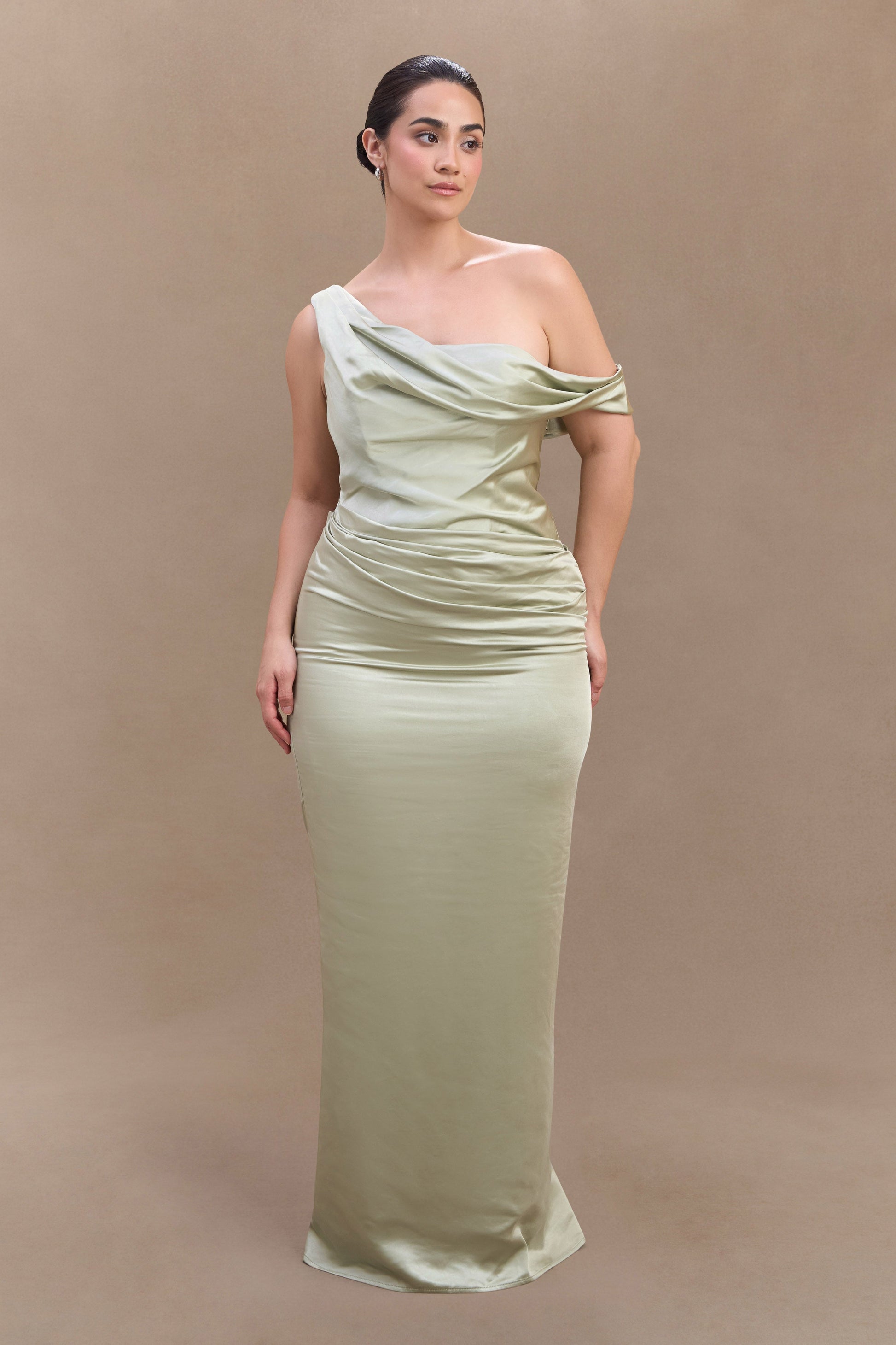 Dalia Off Shoulder Satin Maxi Dress - Sage | MESHKI US Dalia Off Shoulder Satin Maxi Dress - Sage | MESHKI US