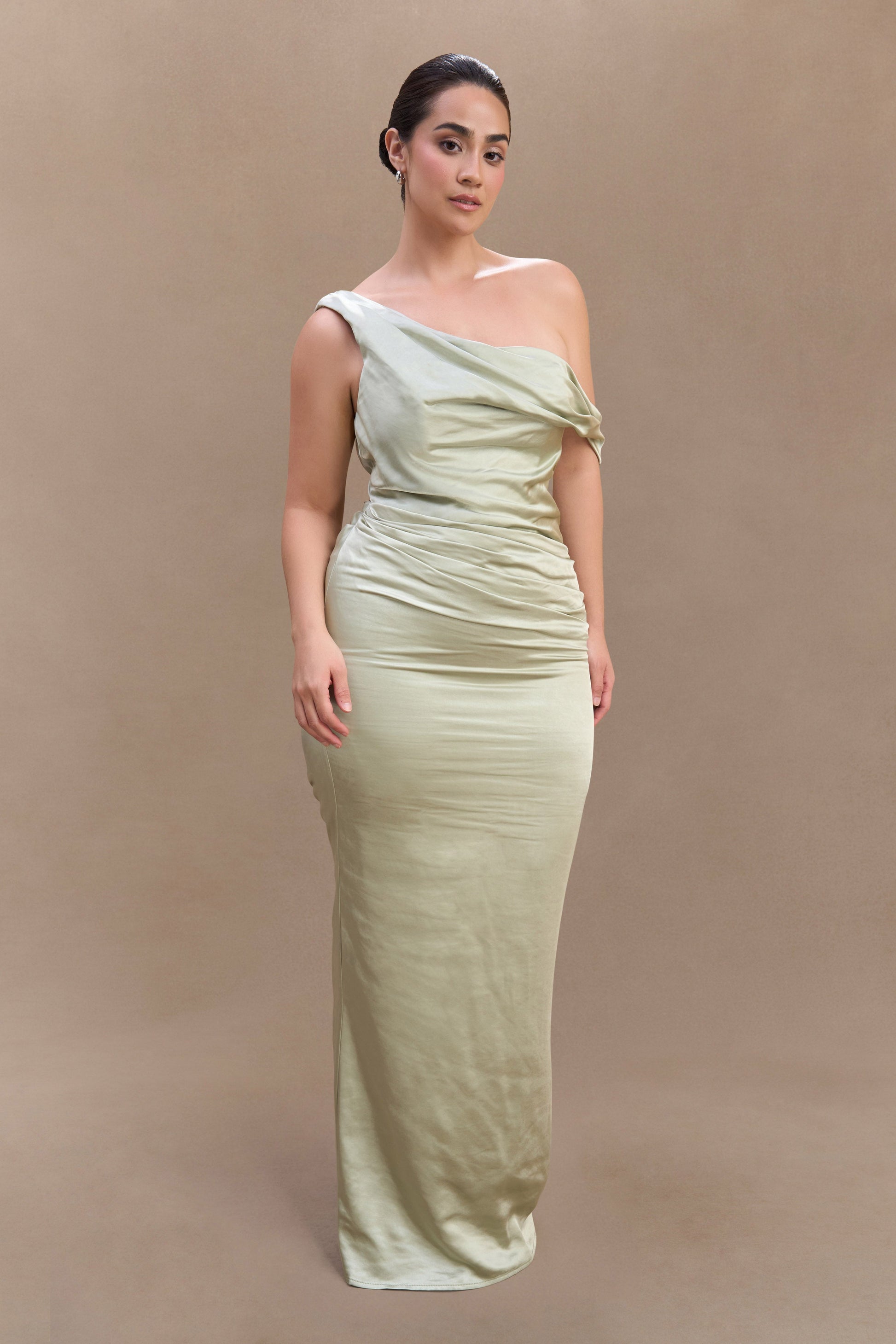 Dalia Off Shoulder Satin Maxi Dress - Sage | MESHKI US Dalia Off Shoulder Satin Maxi Dress - Sage | MESHKI US