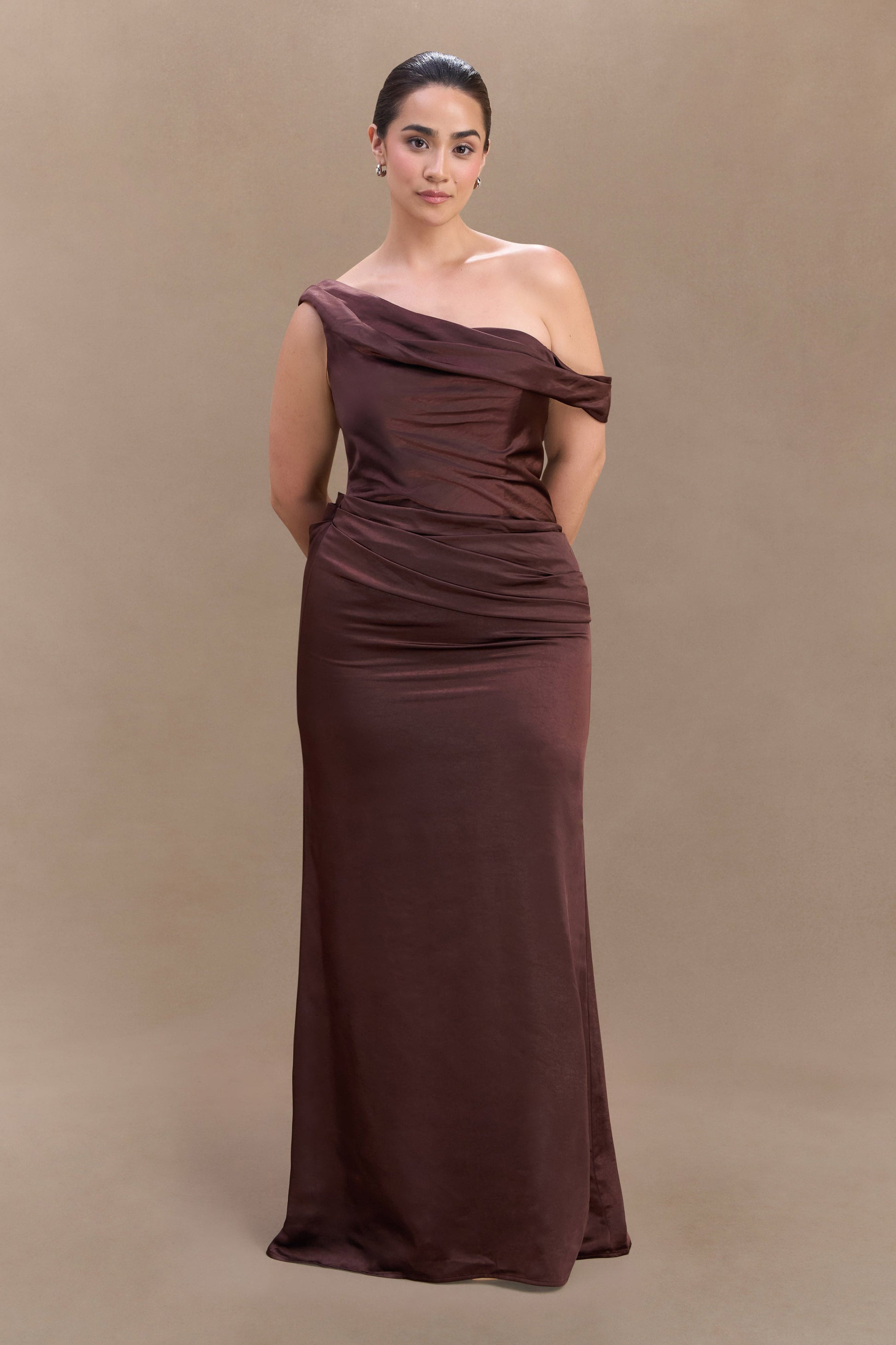 Dalia Off Shoulder Satin Maxi Dress - Dark Chocolate | MESHKI US Dalia Off Shoulder Satin Maxi Dress - Dark Chocolate | MESHKI US