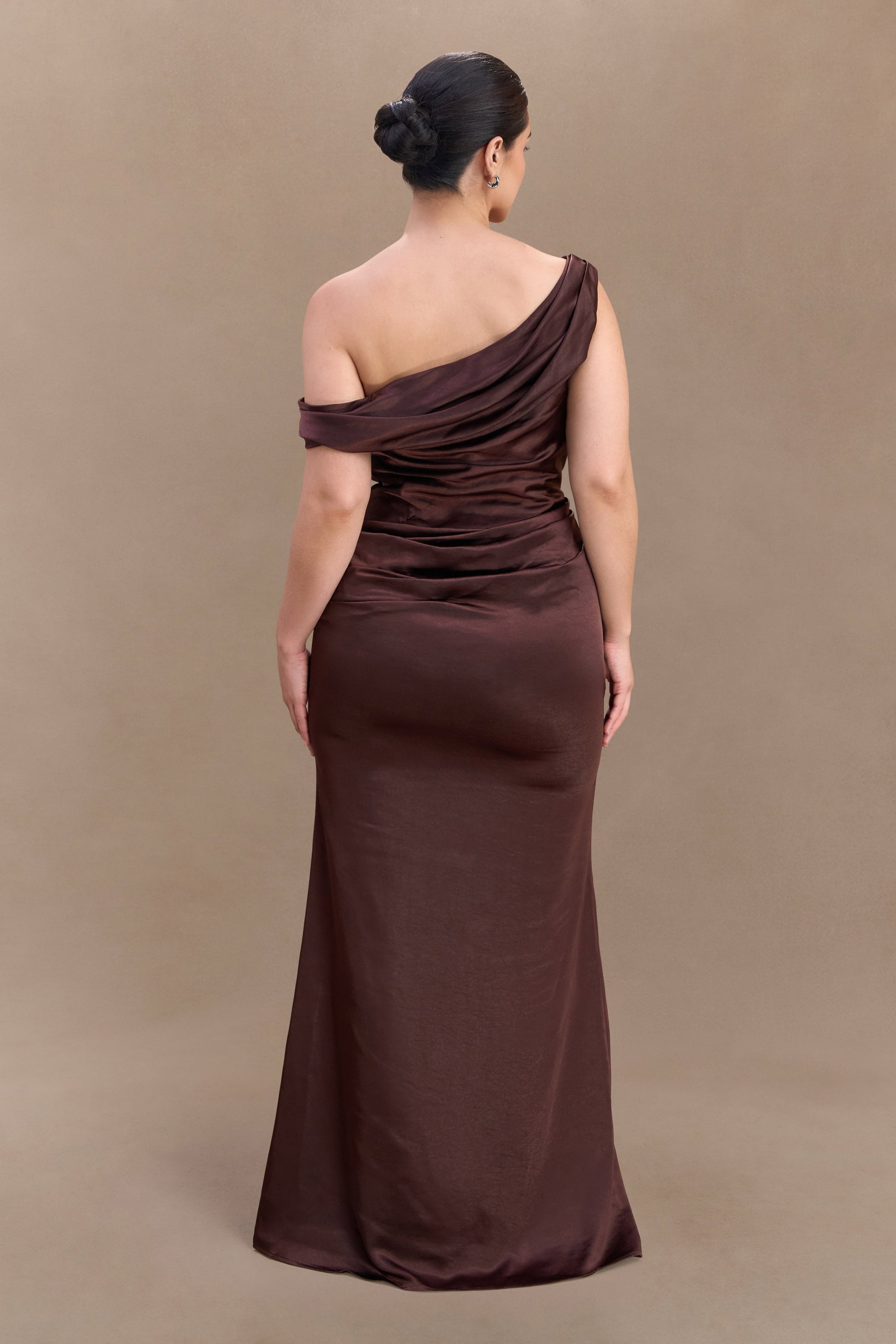 Dalia Off Shoulder Satin Maxi Dress - Dark Chocolate | MESHKI US Dalia Off Shoulder Satin Maxi Dress - Dark Chocolate | MESHKI US