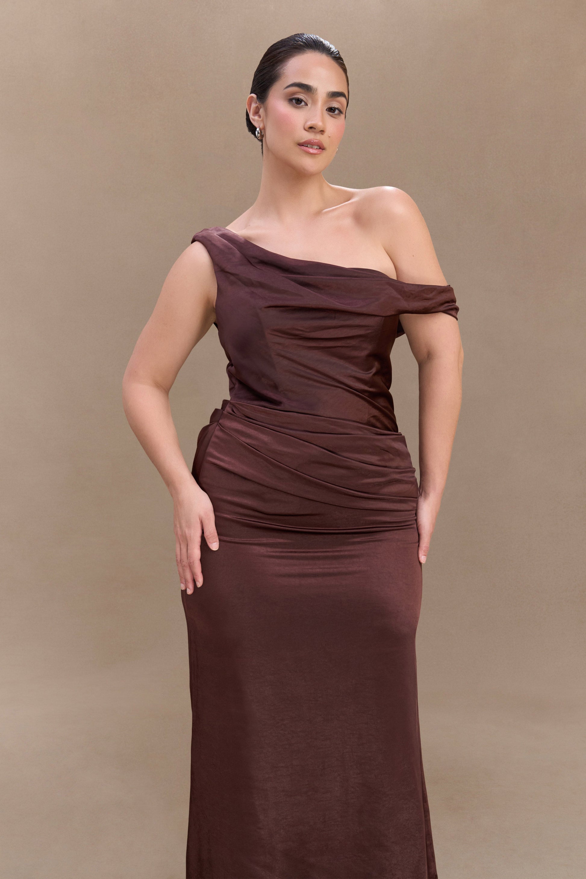 dark brown off the shoulder dress Kai