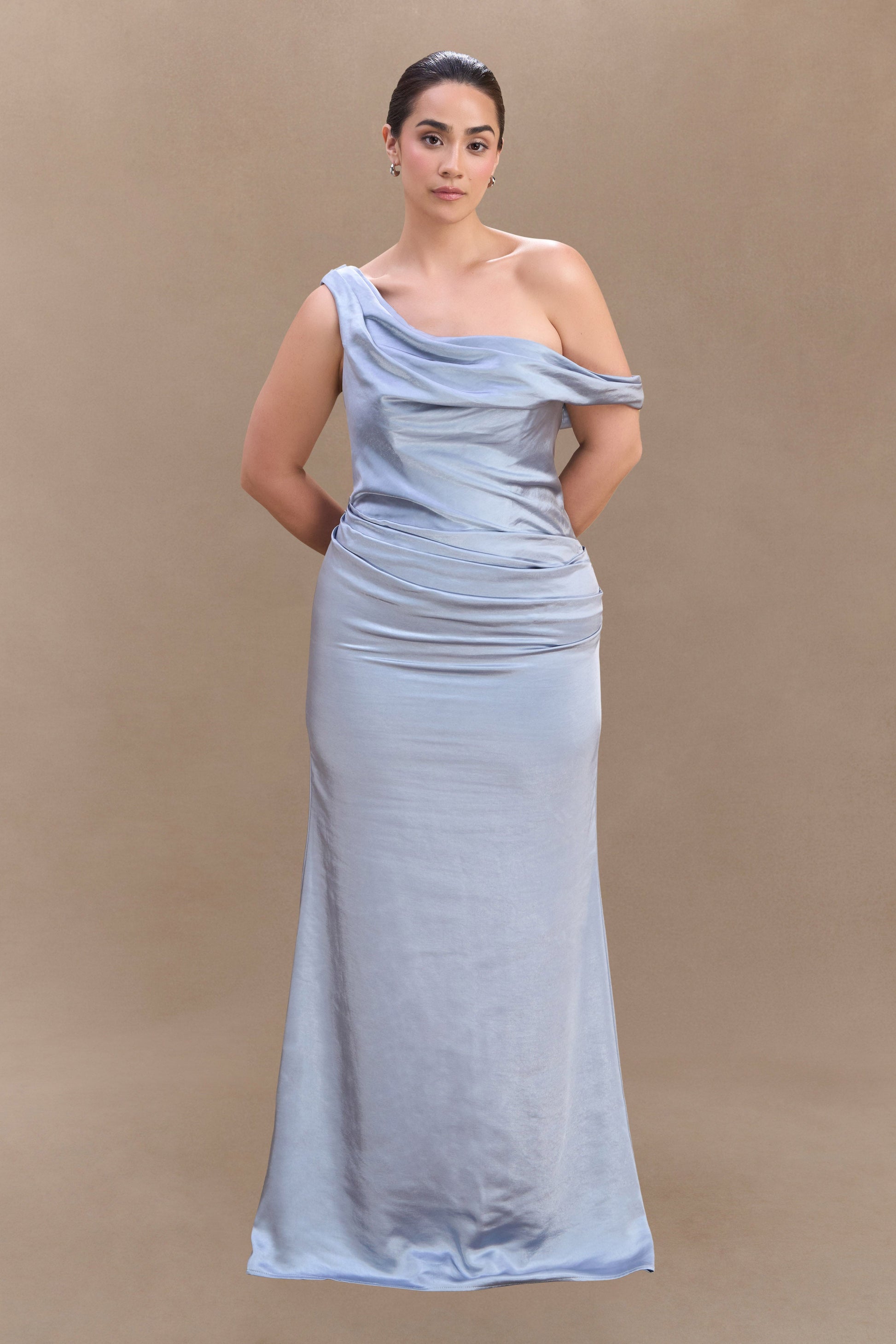 Dalia Off Shoulder Satin Maxi Dress / Frosted Blue | MESHKI