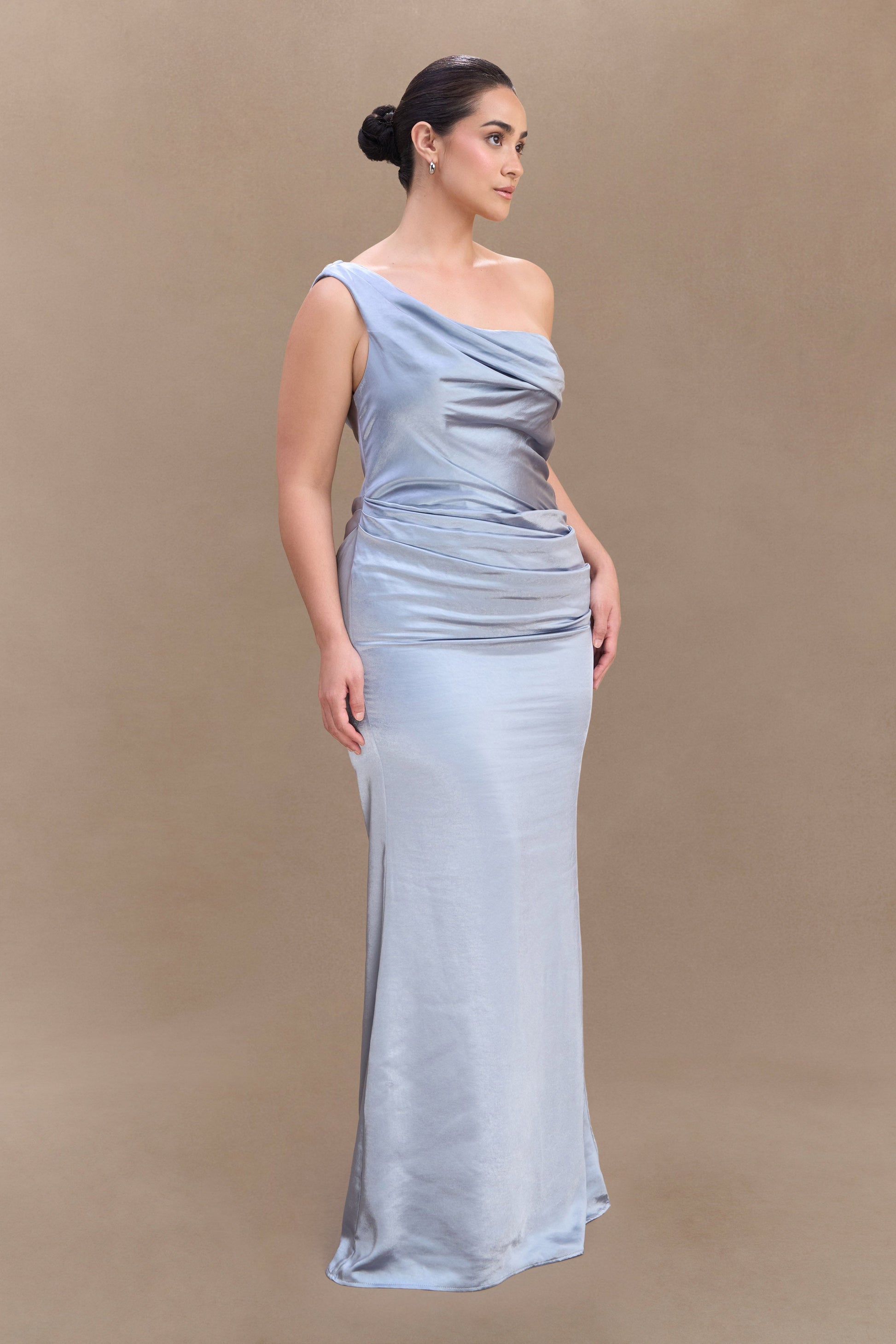 Dalia Off Shoulder Satin Maxi Dress / Frosted Blue | MESHKI