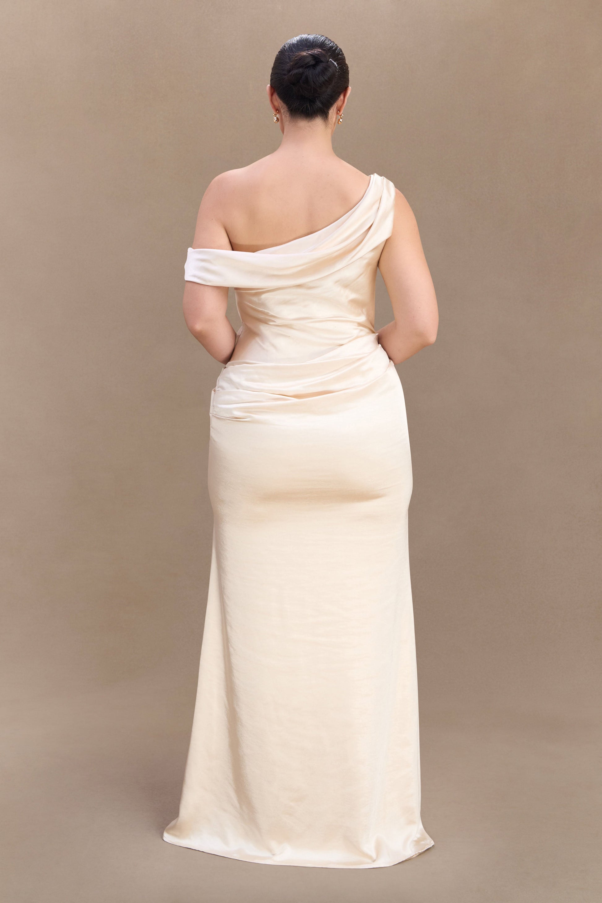 Dalia Off Shoulder Satin Maxi Dress - Blush Gold | MESHKI US Dalia Off Shoulder Satin Maxi Dress - Blush Gold | MESHKI US