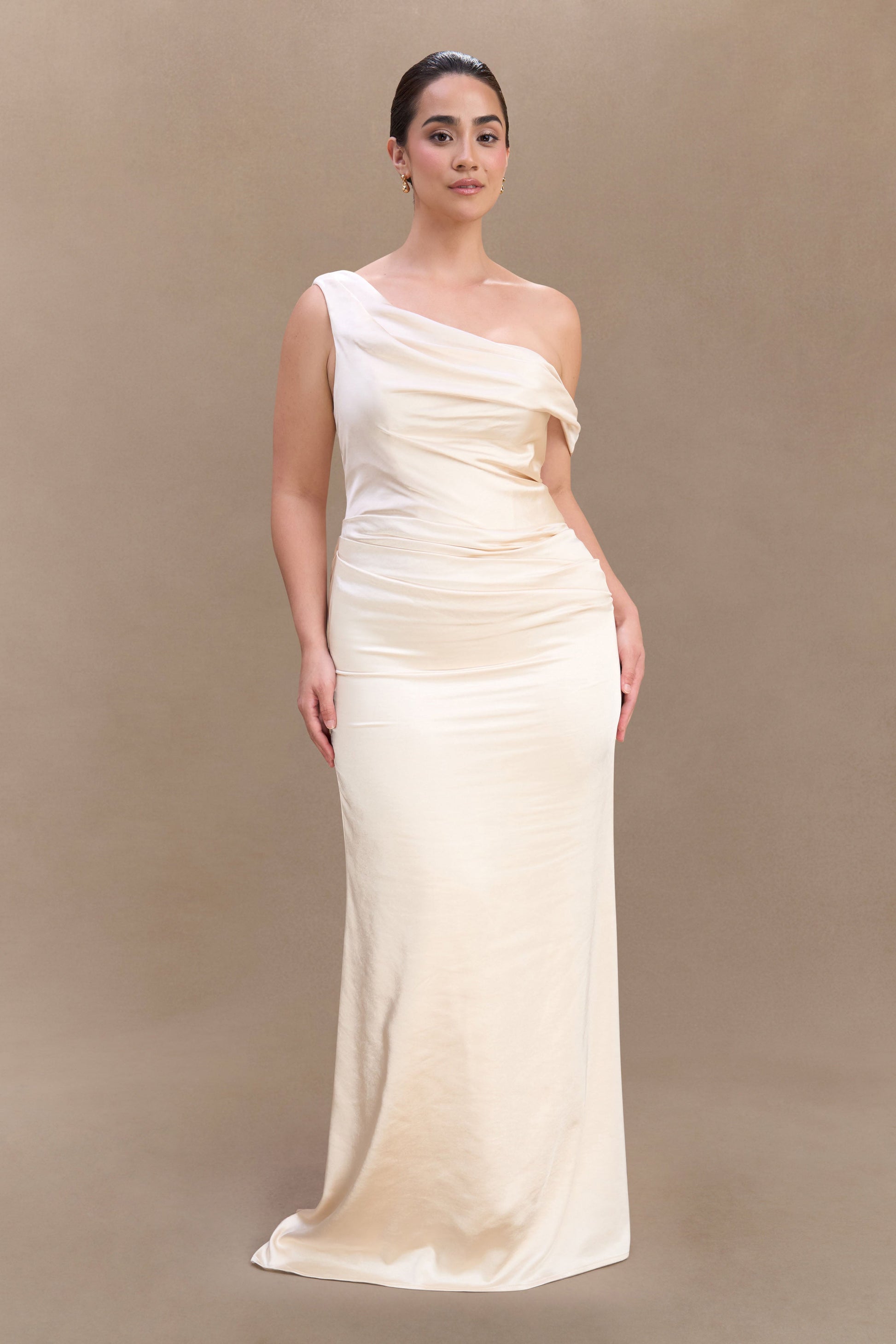 Dalia Off Shoulder Satin Maxi Dress - Blush Gold | MESHKI US Dalia Off Shoulder Satin Maxi Dress - Blush Gold | MESHKI US