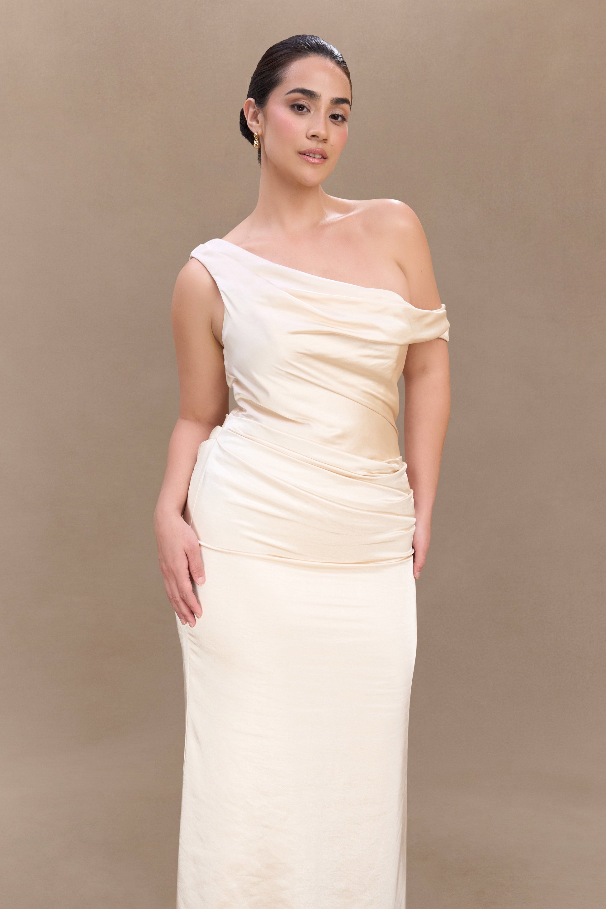 Dalia Off Shoulder Satin Maxi Dress - Blush Gold | MESHKI US Dalia Off Shoulder Satin Maxi Dress - Blush Gold | MESHKI US