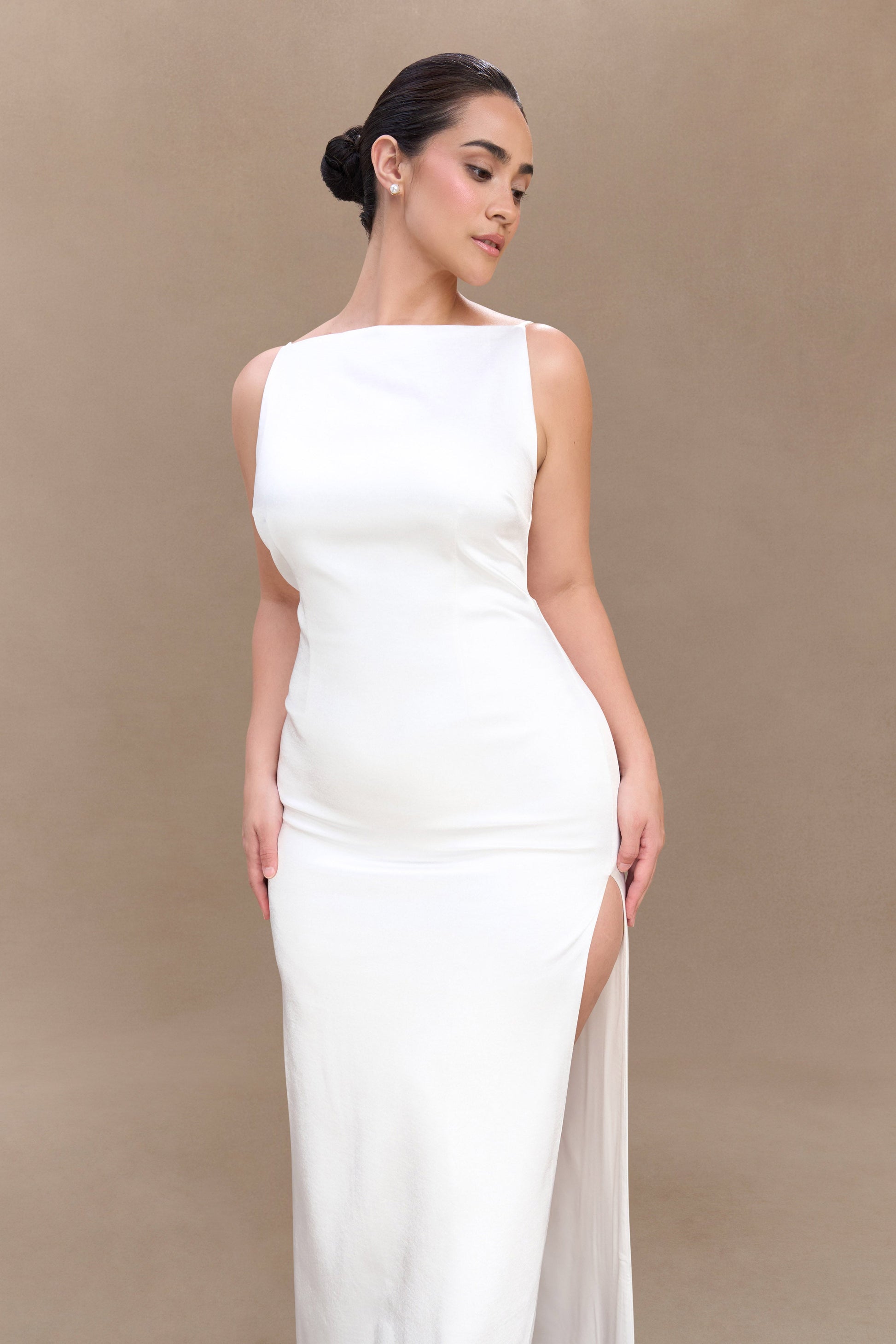 Violet Sleeveless Satin Maxi Dress - White | MESHKI US Violet Sleeveless Satin Maxi Dress - White | MESHKI US