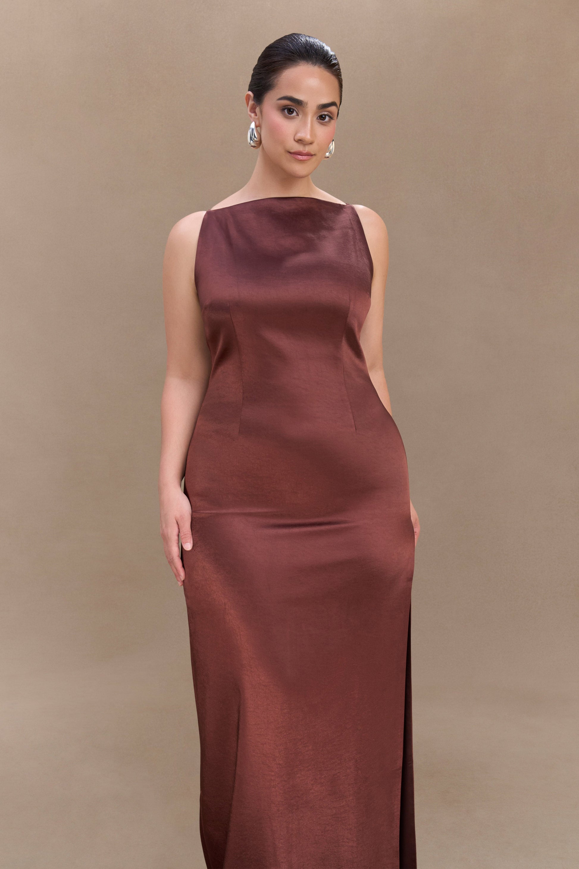 dark red silk dress Violet Sleeveless Satin Maxi Dress - Dark Chocolate
