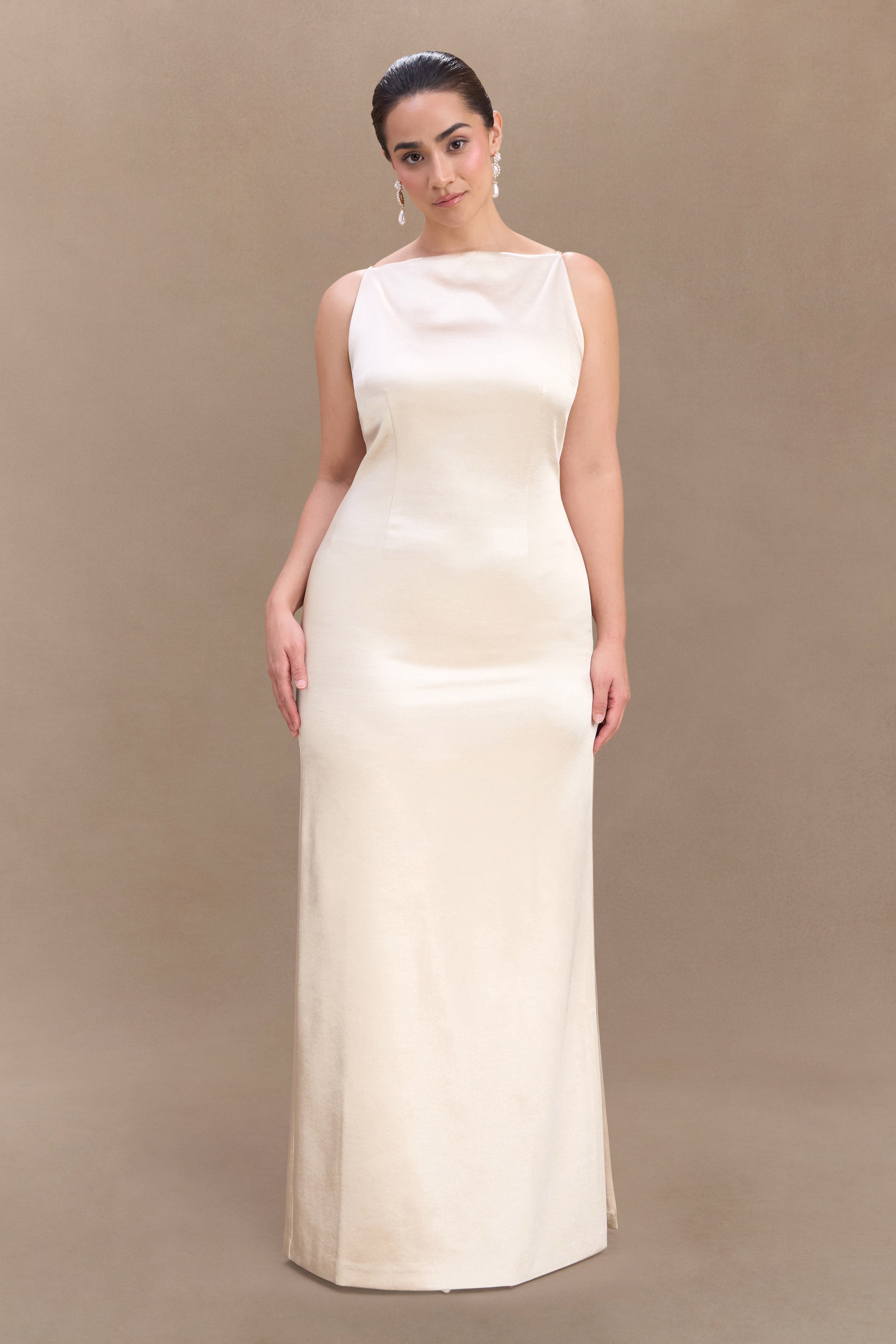 Violet Sleeveless Satin Maxi Dress - Blush Gold | MESHKI US
