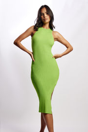 Sienna Knee Length Knit Midi Dress with Side Split - Lime Green