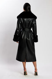 Rebekah Oversized Pu Trench Coat With Fur Trim - Black