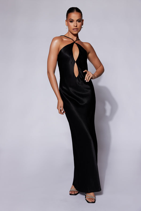 Lucia Satin Cut Out Maxi Dress - Black