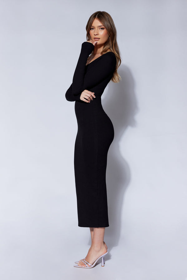 Sierra Scoop Neck Long Sleeve Midi Dress - Black
