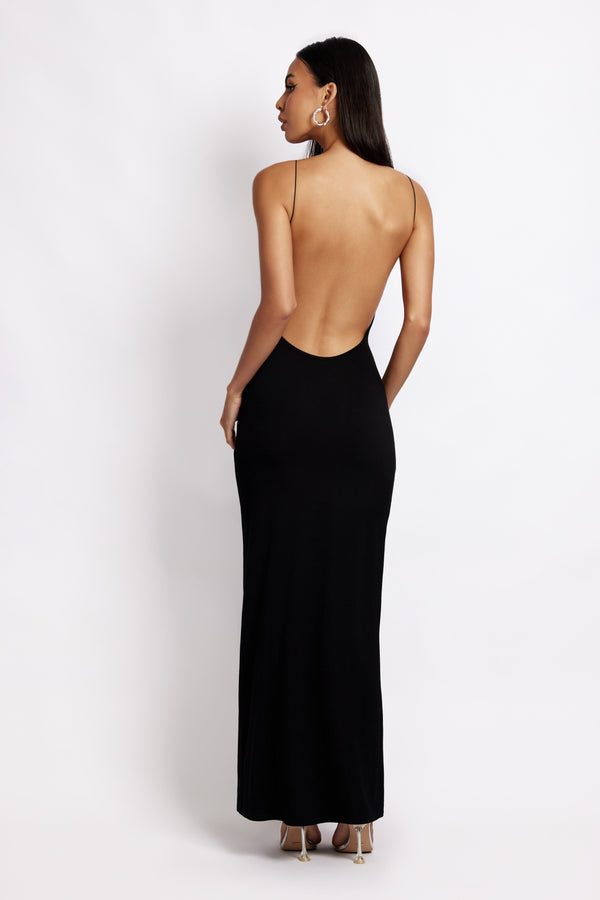 Black Textured Slinky Backless Strappy Maxi Dress