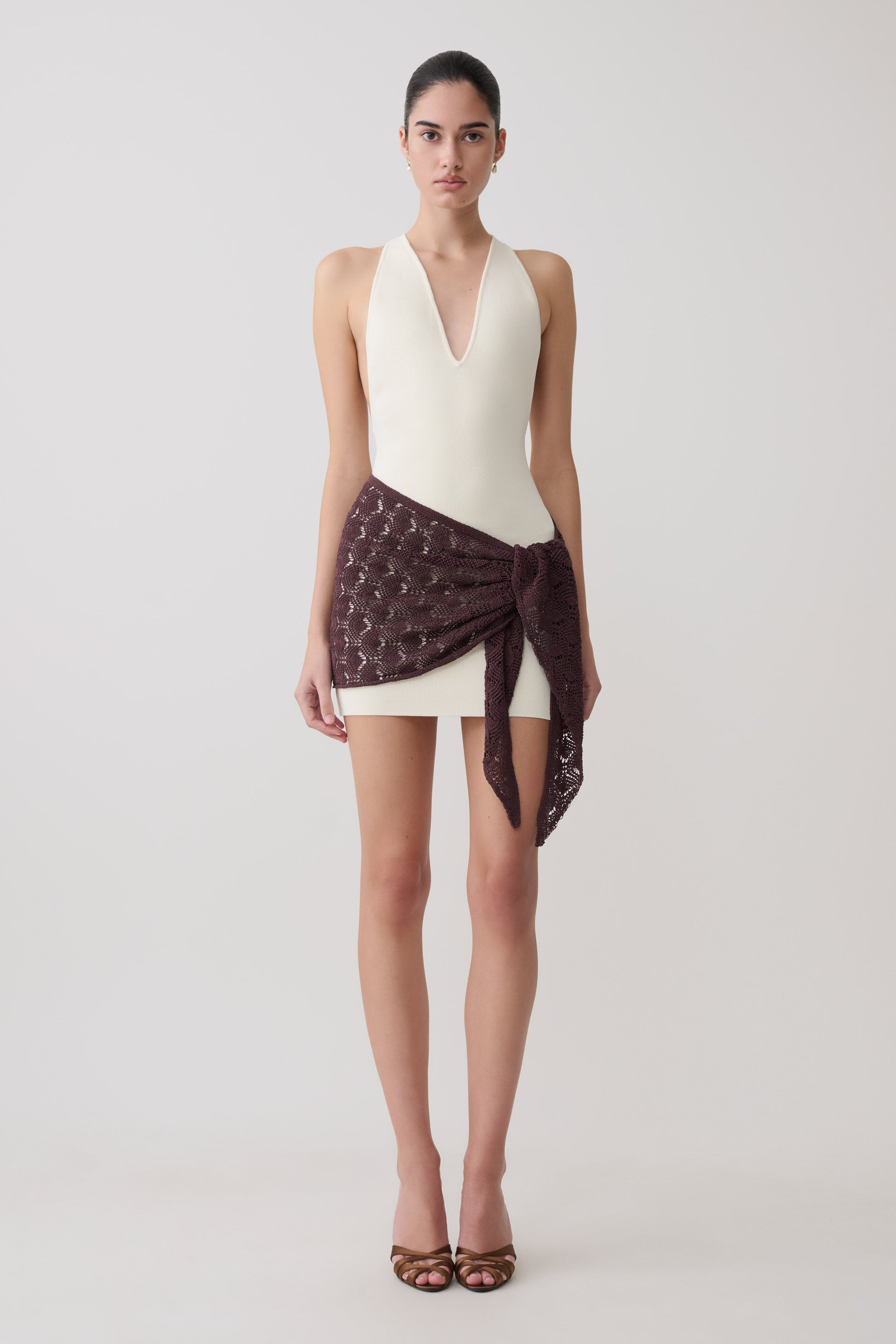 Mollie Mini Dress With Crochet Overlay - White/Chocolate #6