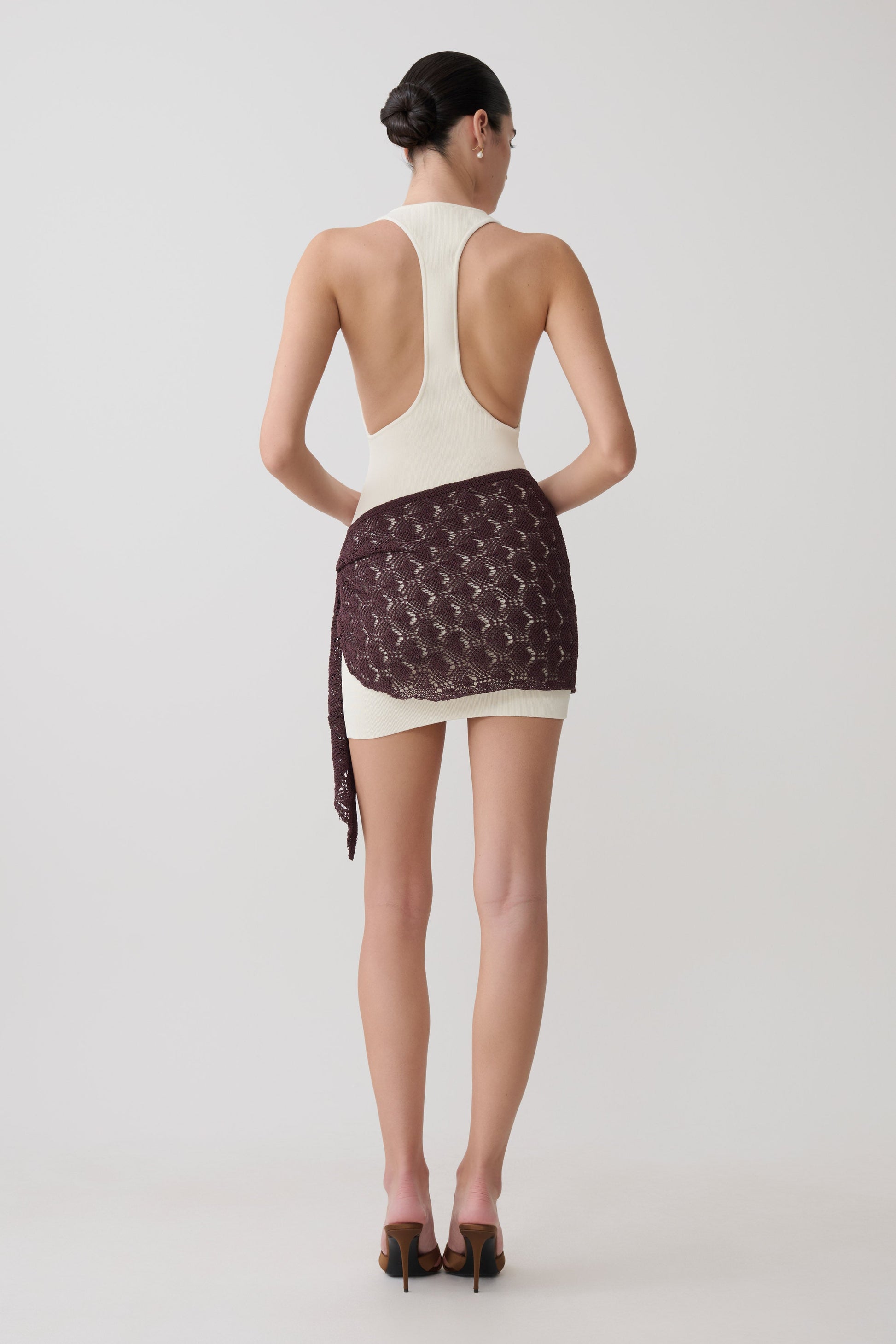 Mollie Mini Dress With Crochet Overlay - White/Chocolate #5