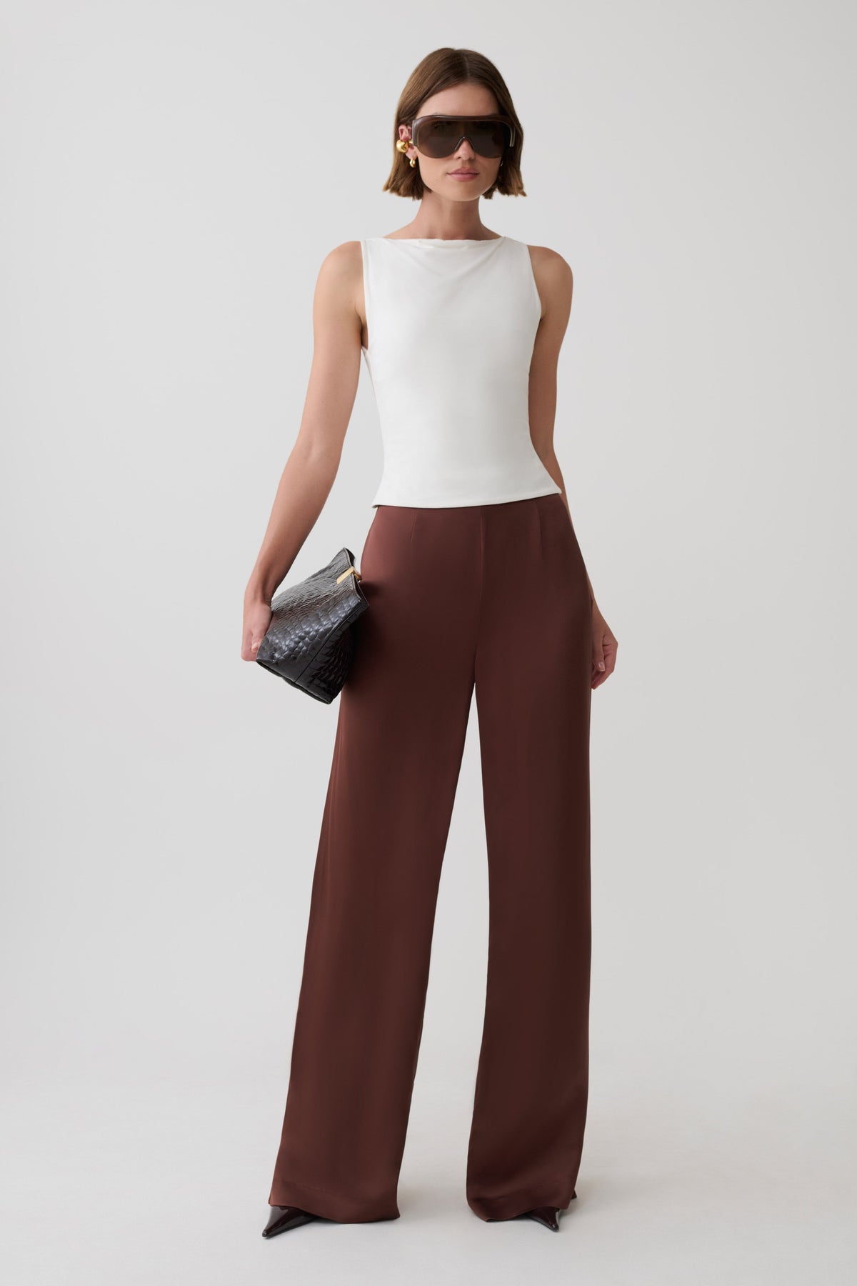Sydney Straight Leg Satin Pants - Dark Chocolate