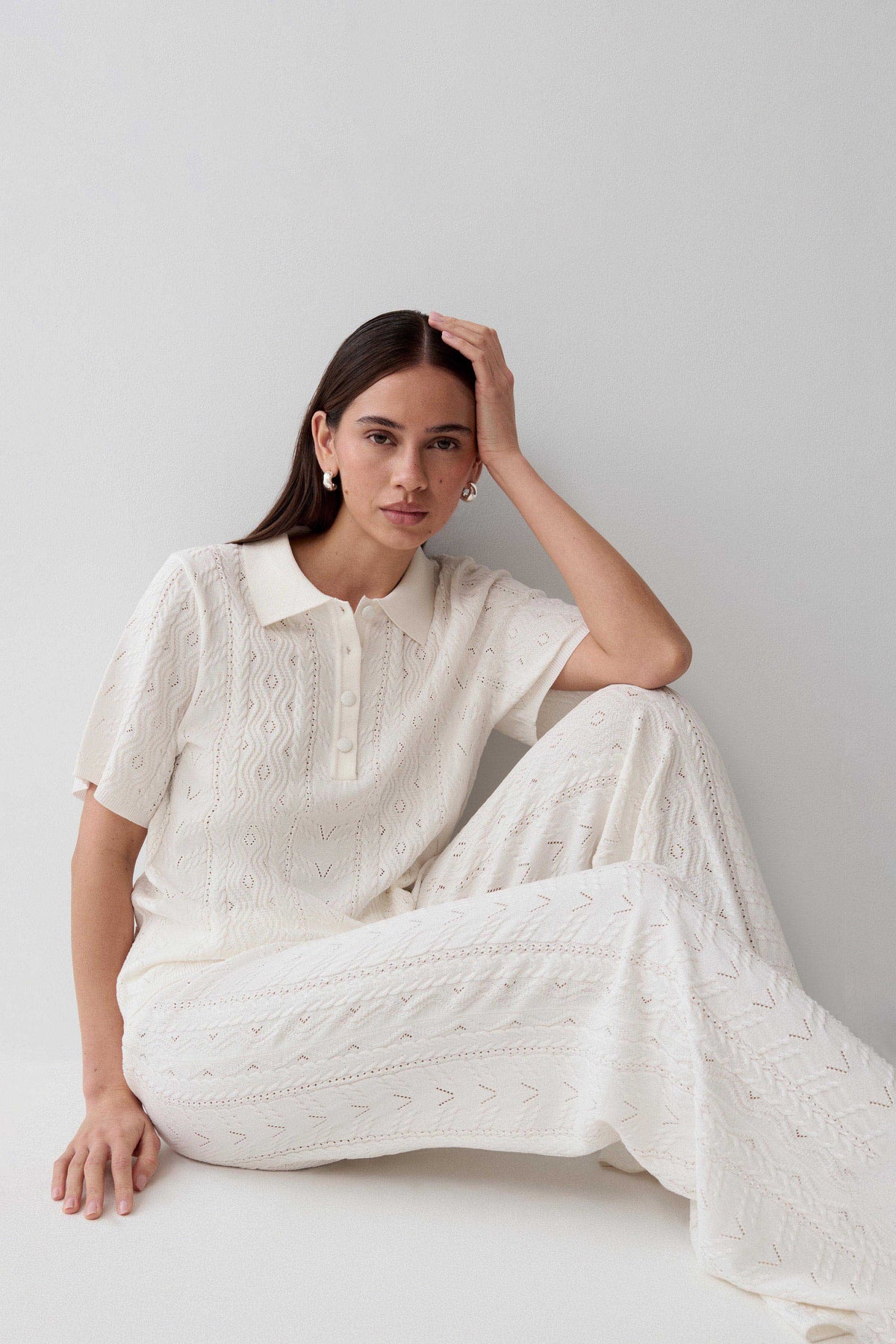 Jill Pointelle Knit Pants - White