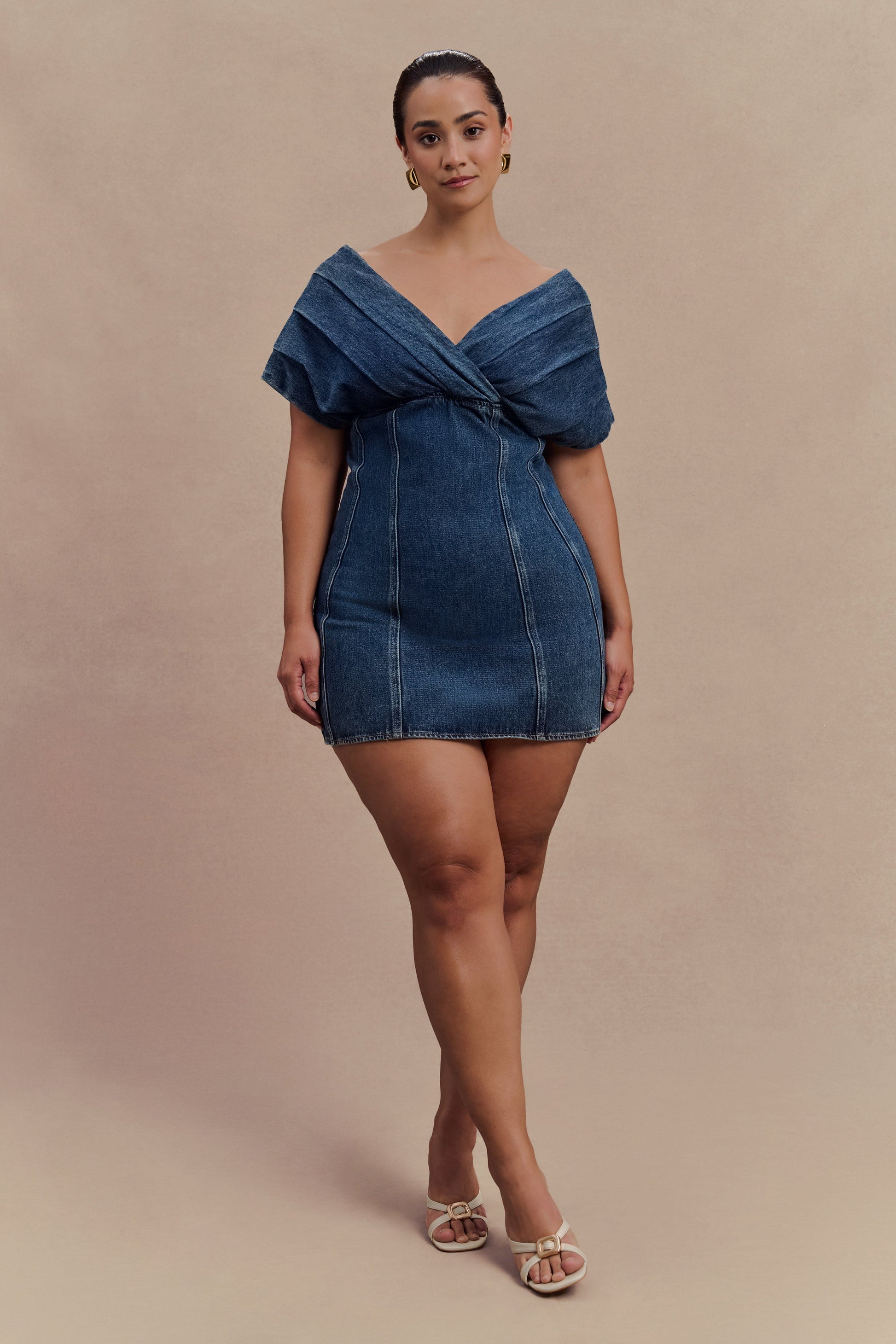Pascale Off Shoulder Denim Mini Dress - Washed Dark Blue | MESHKI US Pascale Off Shoulder Denim Mini Dress - Washed Dark Blue | MESHKI US