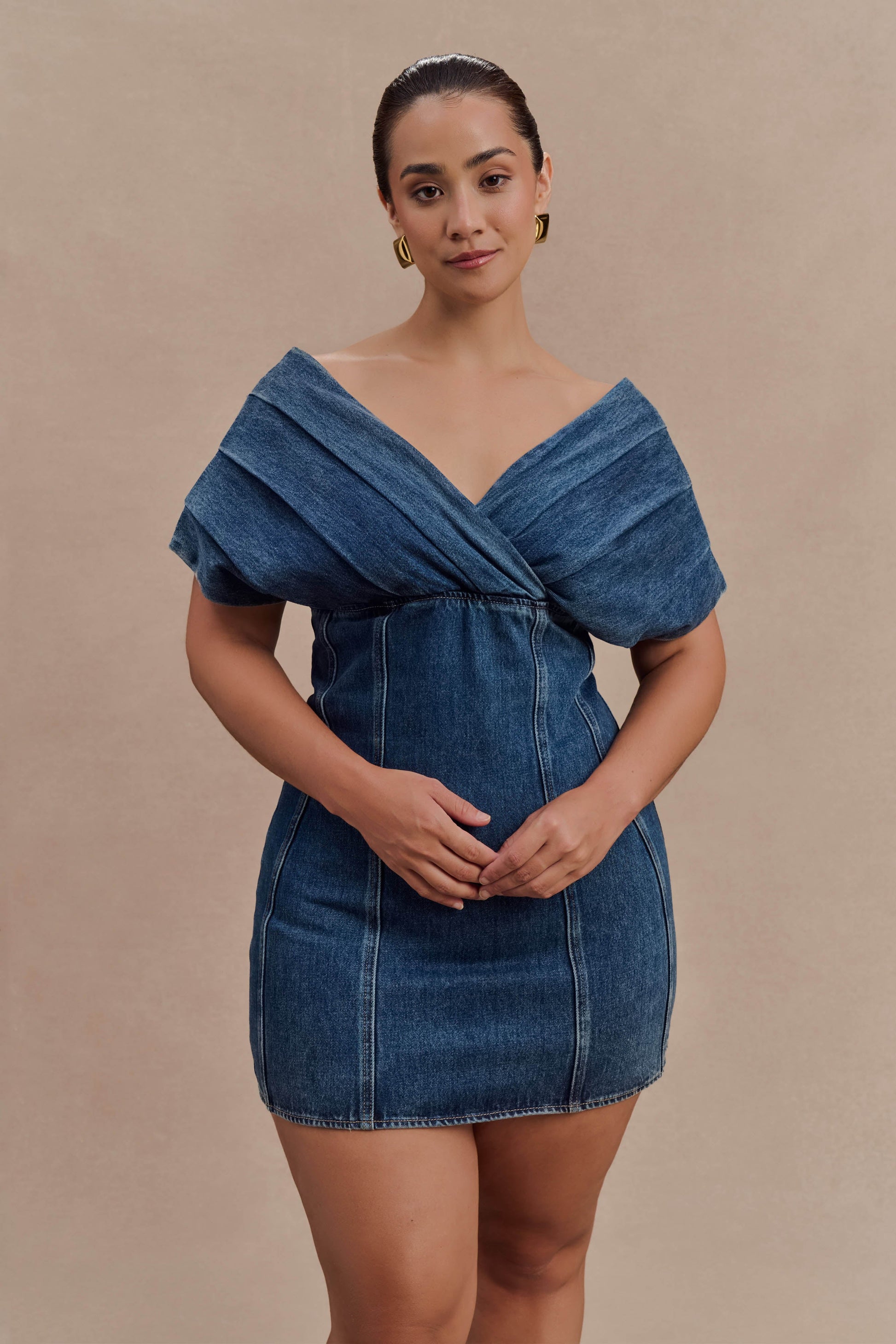 Pascale Off Shoulder Denim Mini Dress - Washed Dark Blue | MESHKI US Pascale Off Shoulder Denim Mini Dress - Washed Dark Blue | MESHKI US
