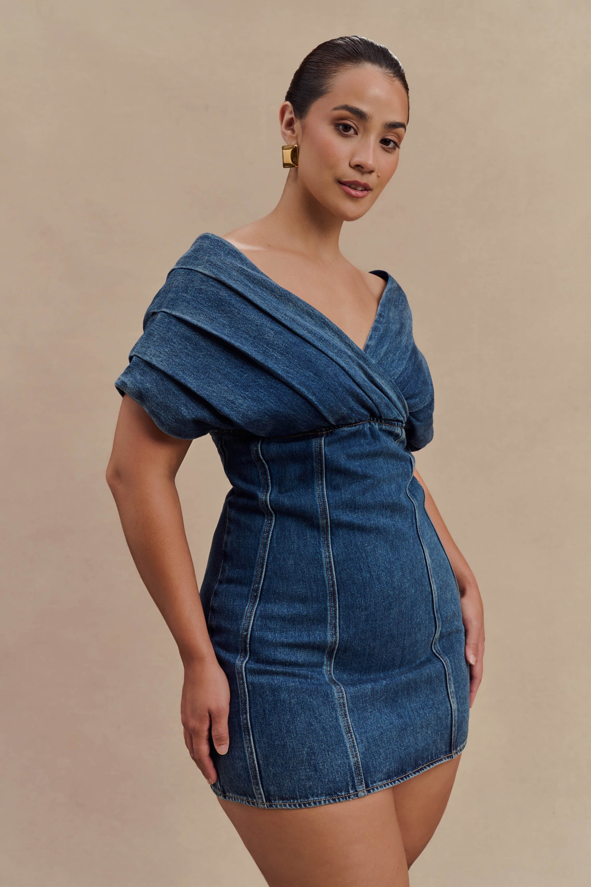 Pascale Off Shoulder Denim Mini Dress - Washed Dark Blue | MESHKI US Pascale Off Shoulder Denim Mini Dress - Washed Dark Blue | MESHKI US