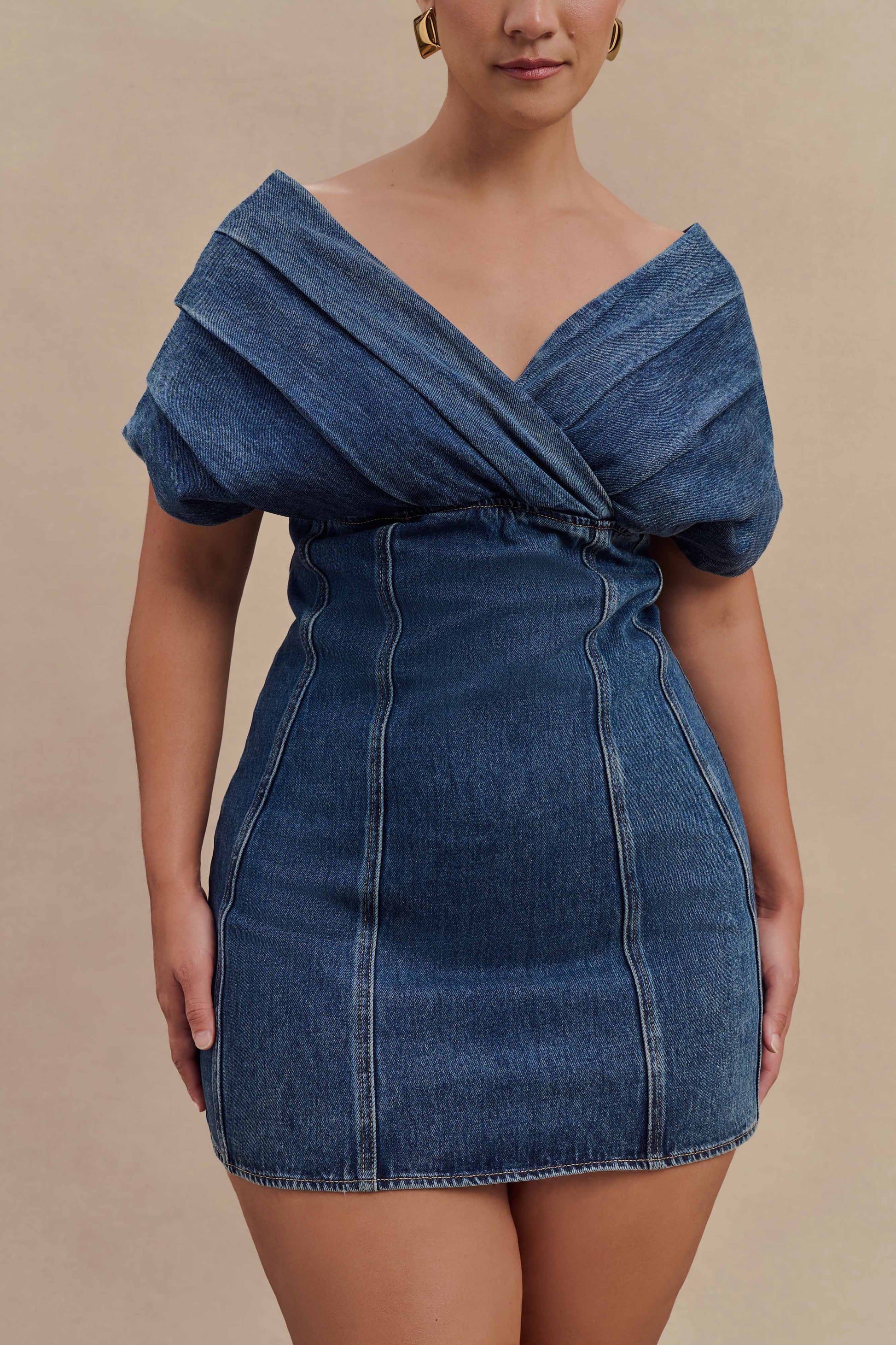 Pascale Off Shoulder Denim Mini Dress - Washed Dark Blue | MESHKI US Pascale Off Shoulder Denim Mini Dress - Washed Dark Blue | MESHKI US