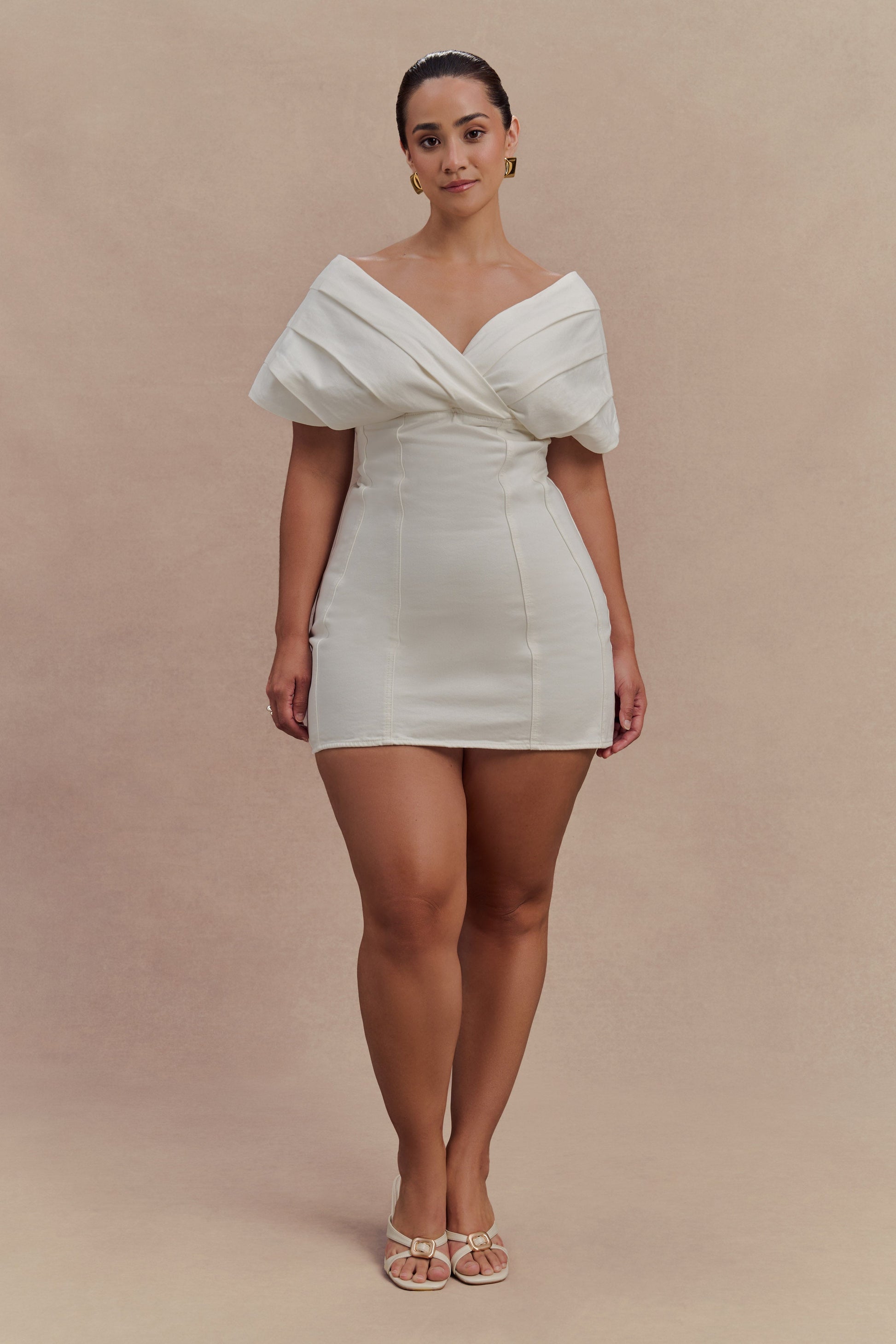 Pascale Off Shoulder Denim Mini Dress / White | Meshki | L Pascale Off Shoulder Denim Mini Dress / White | Meshki | L
