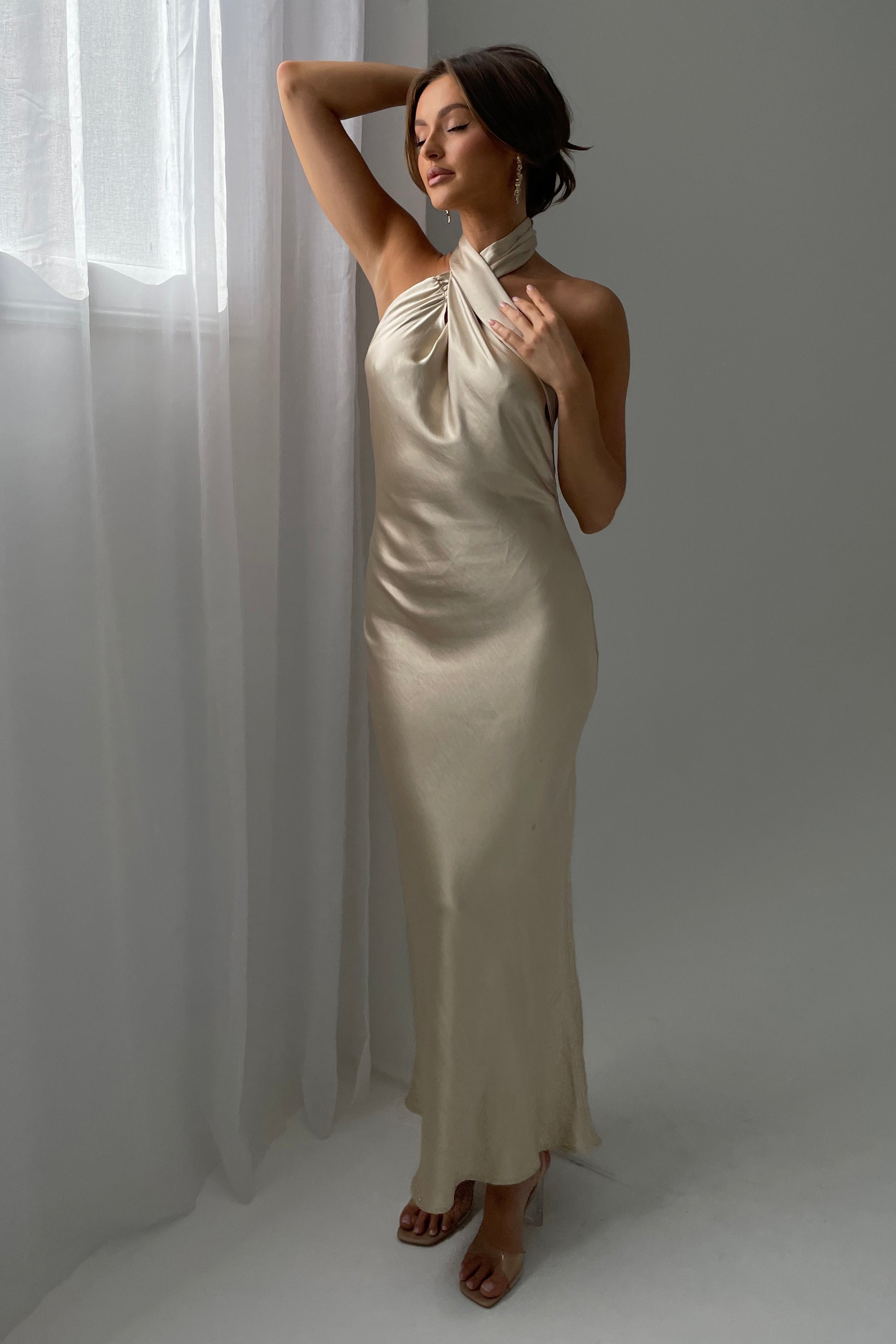 Sabra Satin Halter Maxi Dress - Silver - MESHKI U.S