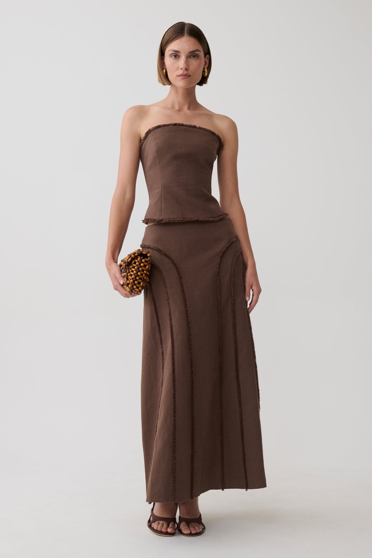 Annie Linen Frayed Midi Skirt - Dark Chocolate