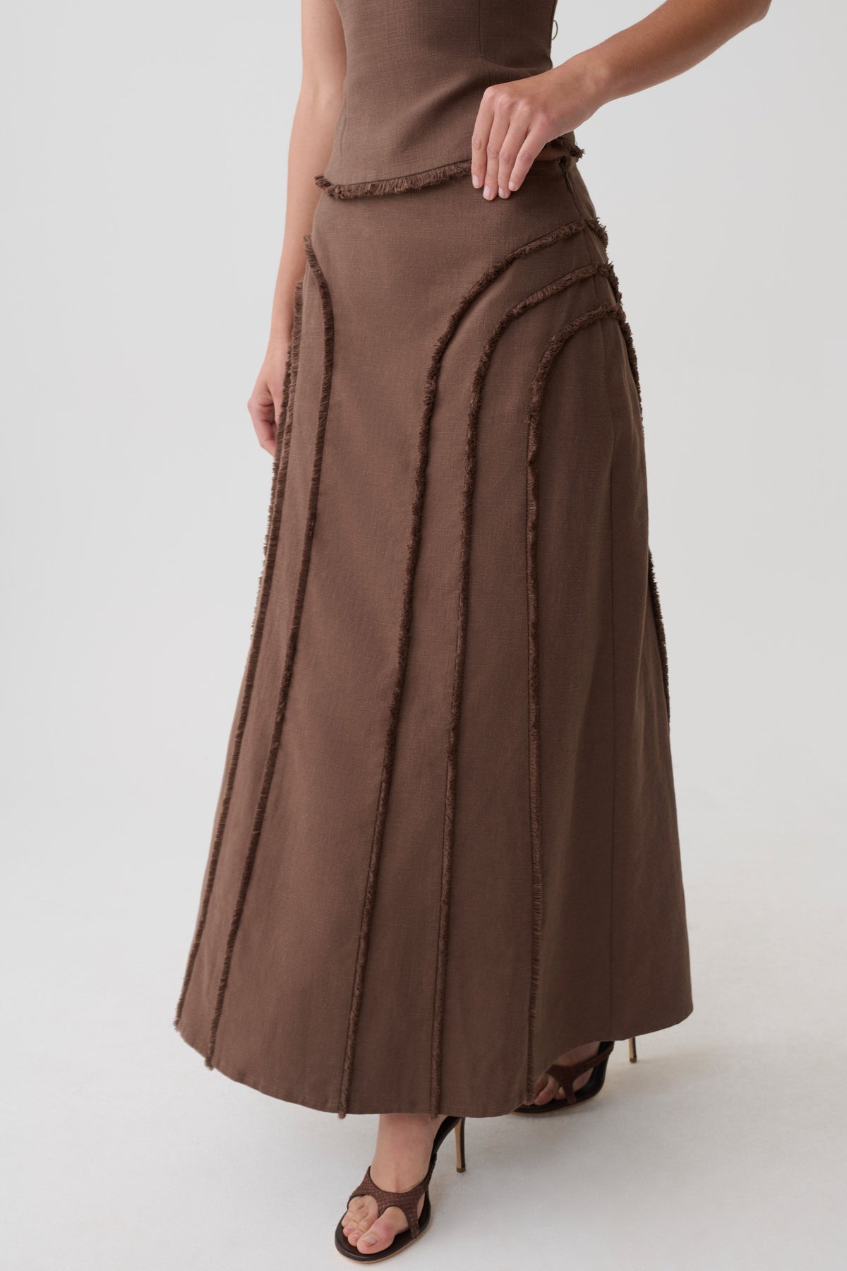 Annie Linen Frayed Midi Skirt - Dark Chocolate #3