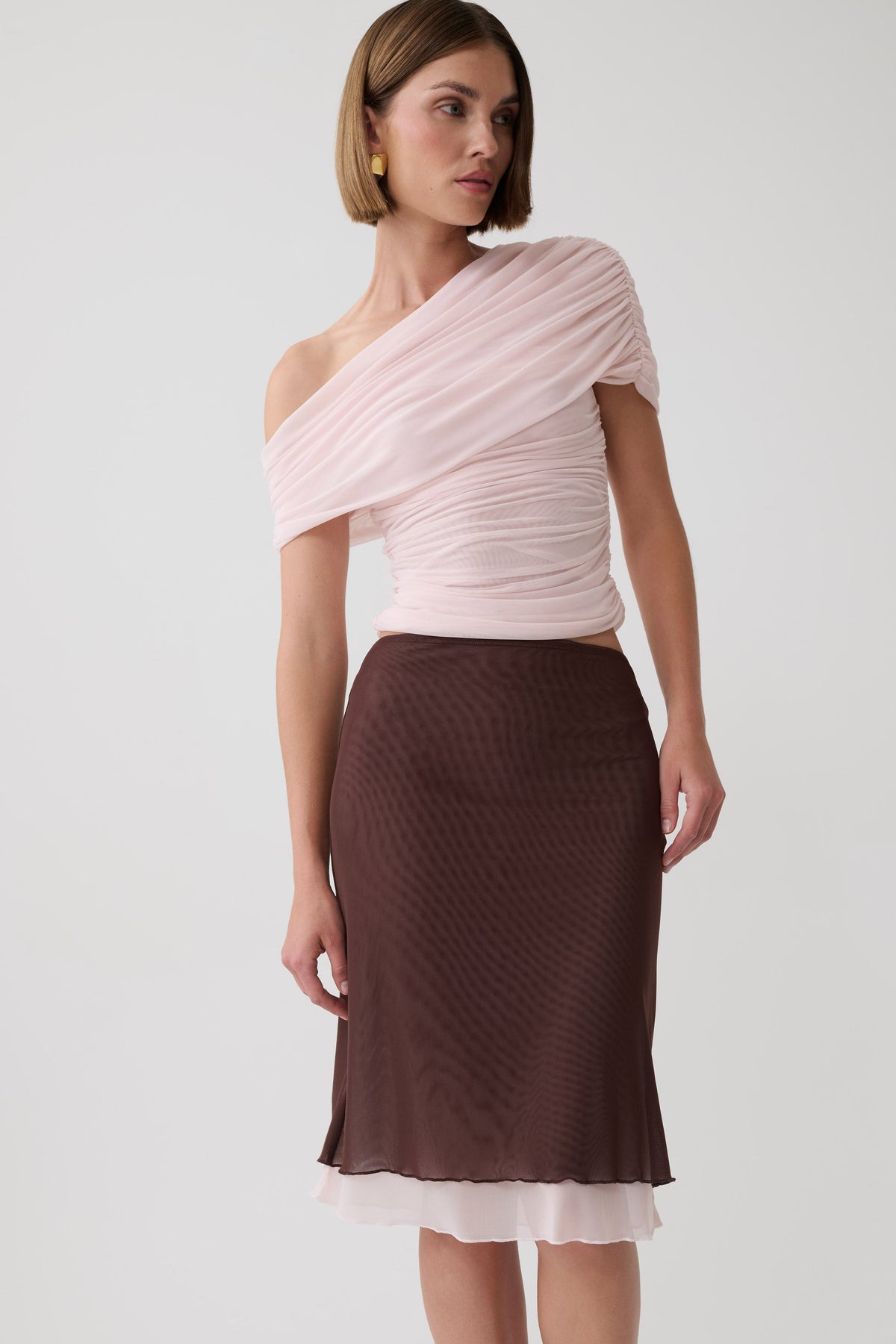Janet Mesh Midi Skirt - Pale Pink/Chocolate #3