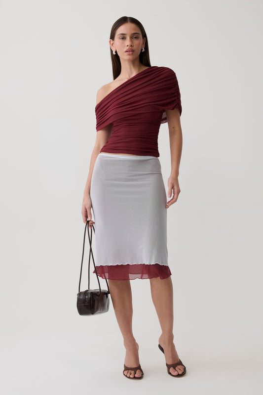 Janet Mesh Midi Skirt - Wine/Pale Blue