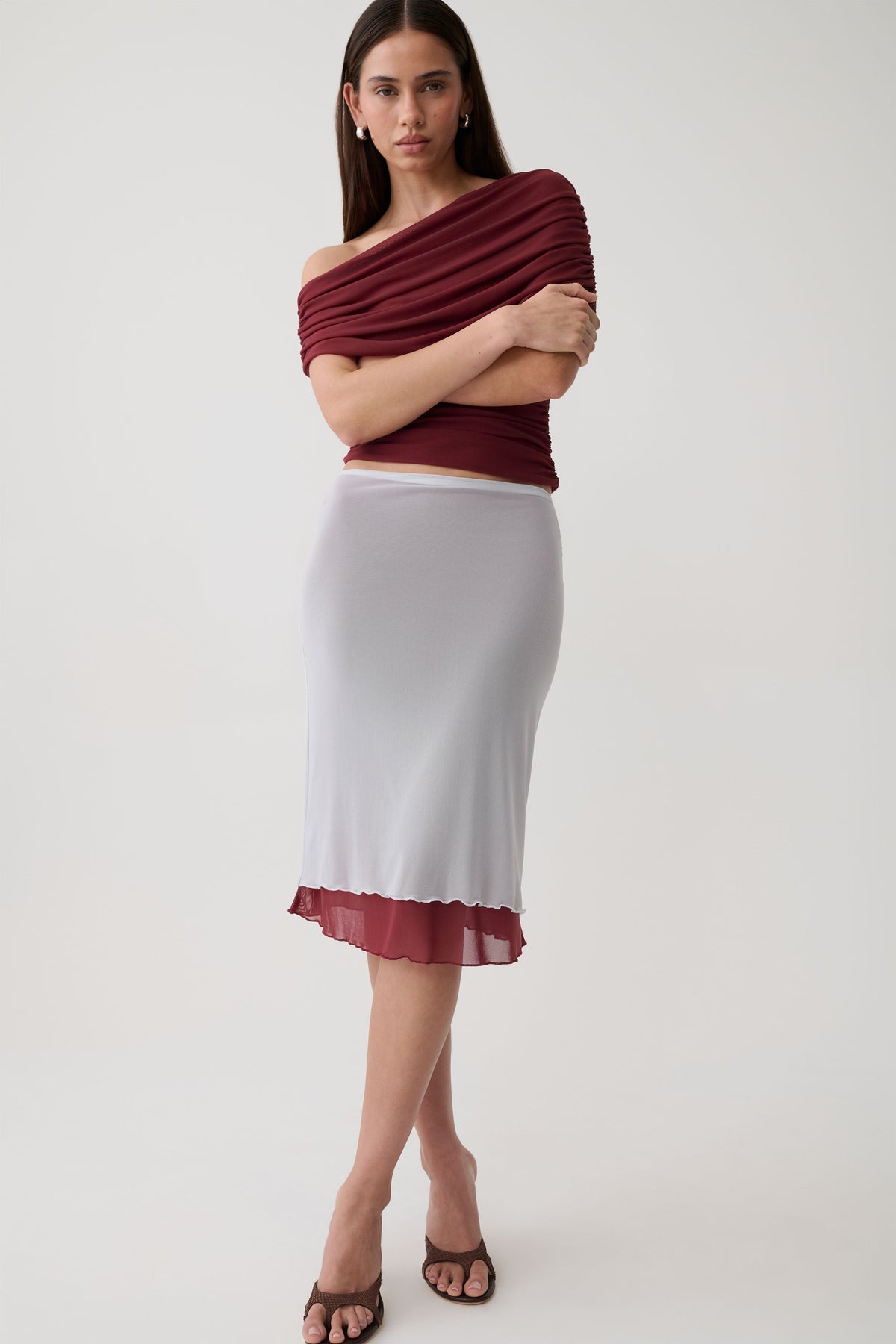 Janet Mesh Midi Skirt - Wine/Pale Blue #4