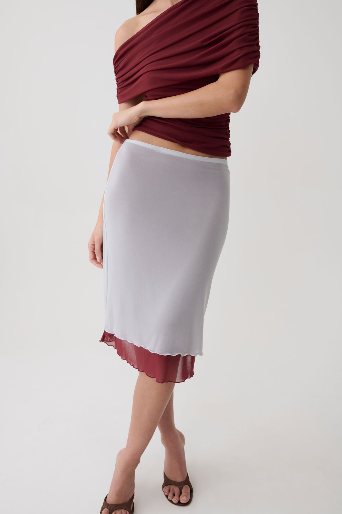 Janet Mesh Midi Skirt - Wine/Pale Blue