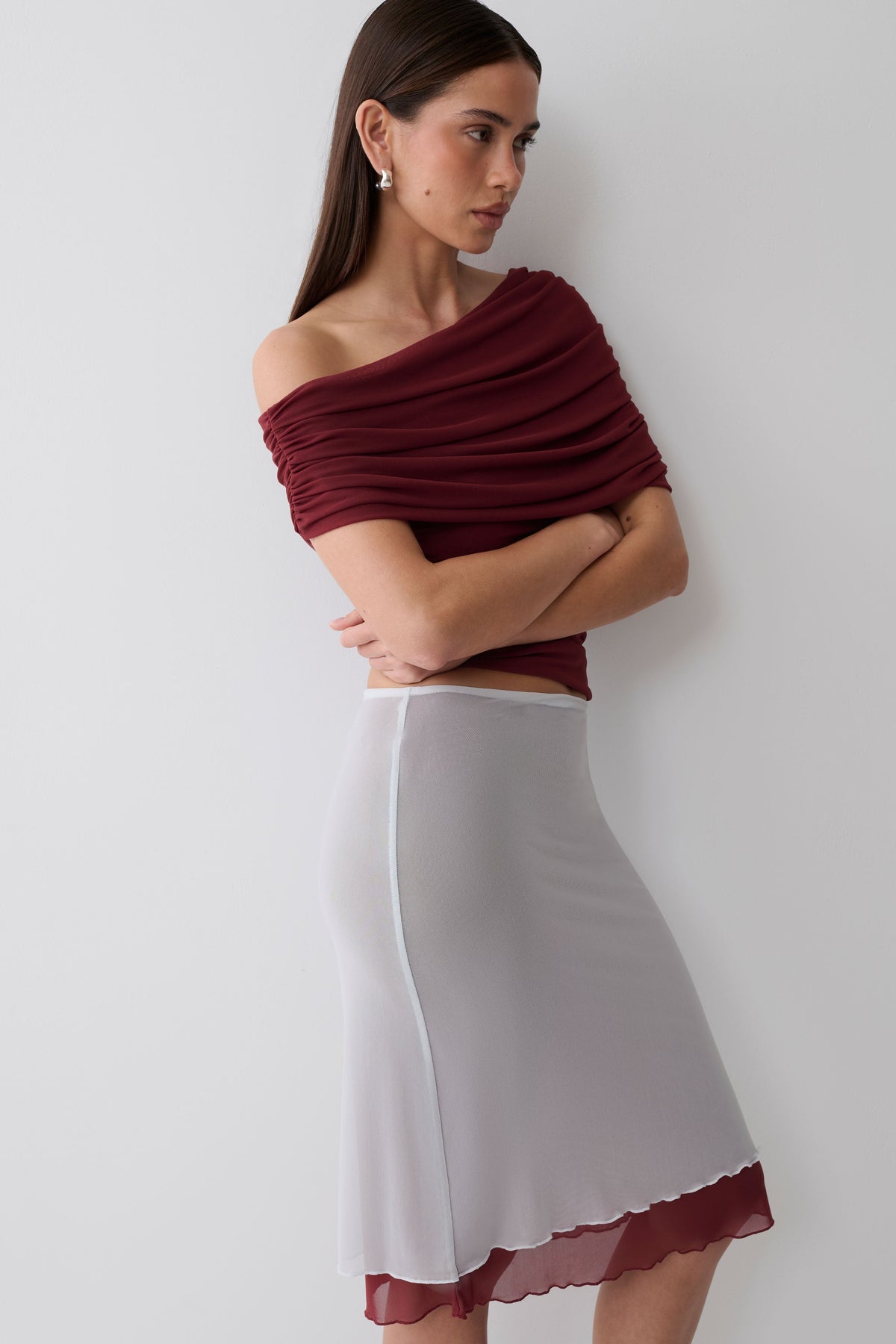 Janet Mesh Midi Skirt - Wine/Pale Blue #3