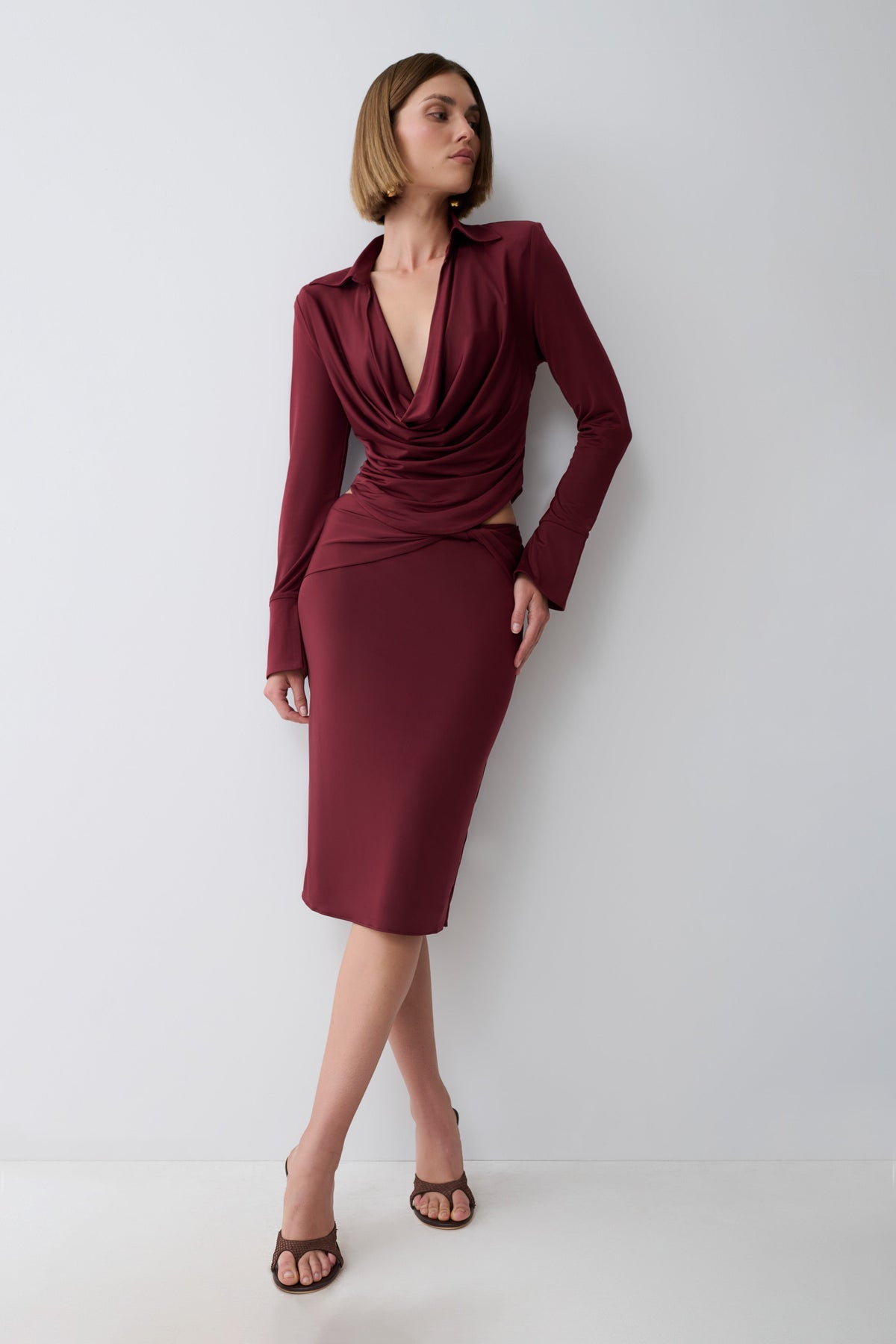 Svetlana Twist Side Detail Midi Skirt - Wine