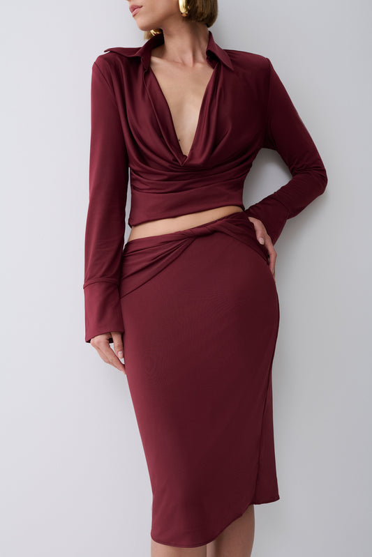 Svetlana Twist Side Detail Midi Skirt - Wine
