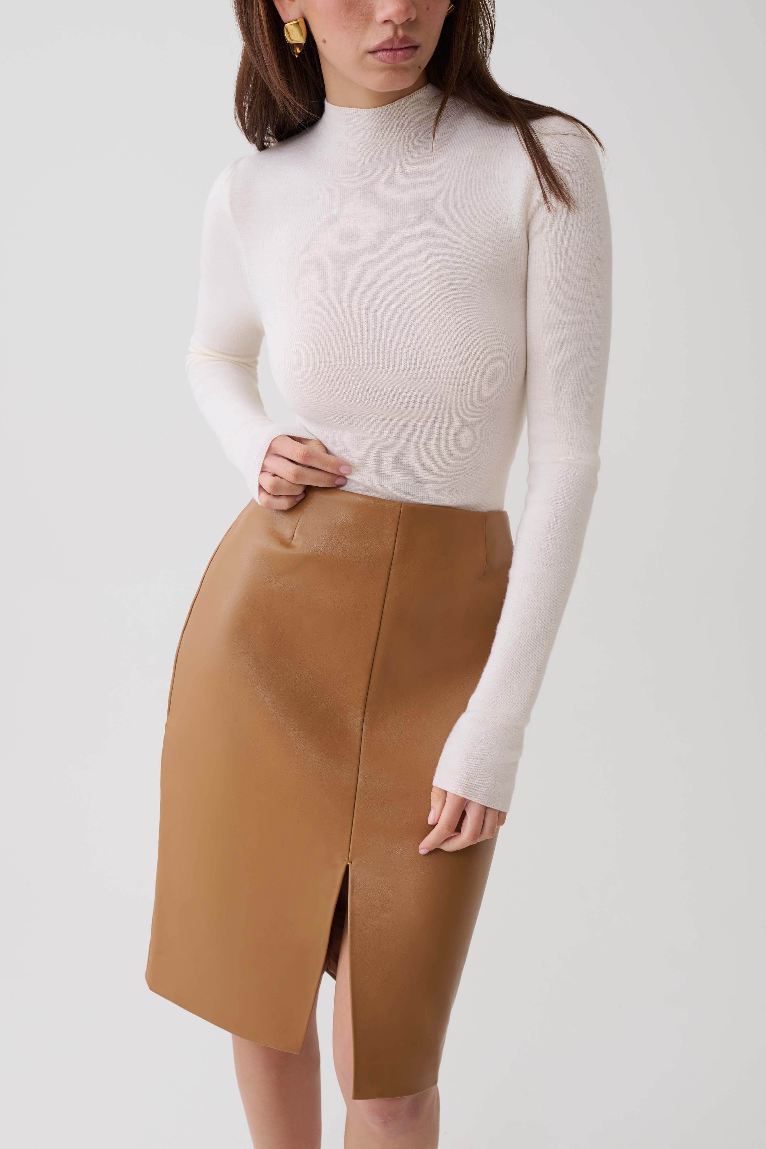 Alexis Faux Leather Midi Skirt - Cognac | MESHKI US