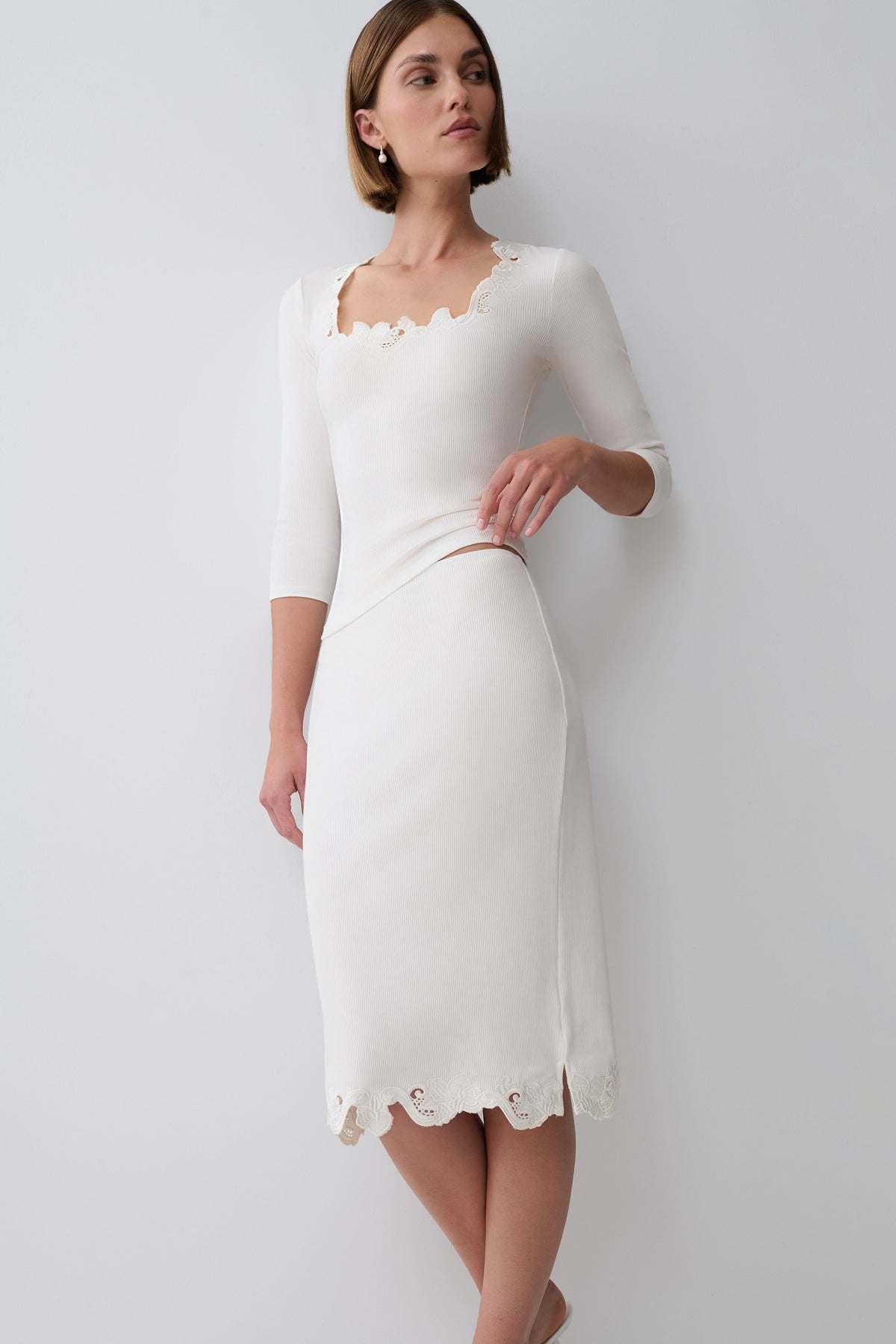 Jane Broiderie Ribbed Midi Skirt - White