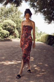 Makayla Midi Dress With Lace - Peony Print