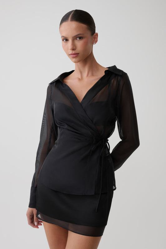 Frankie Organza Cross Over Shirt - Black