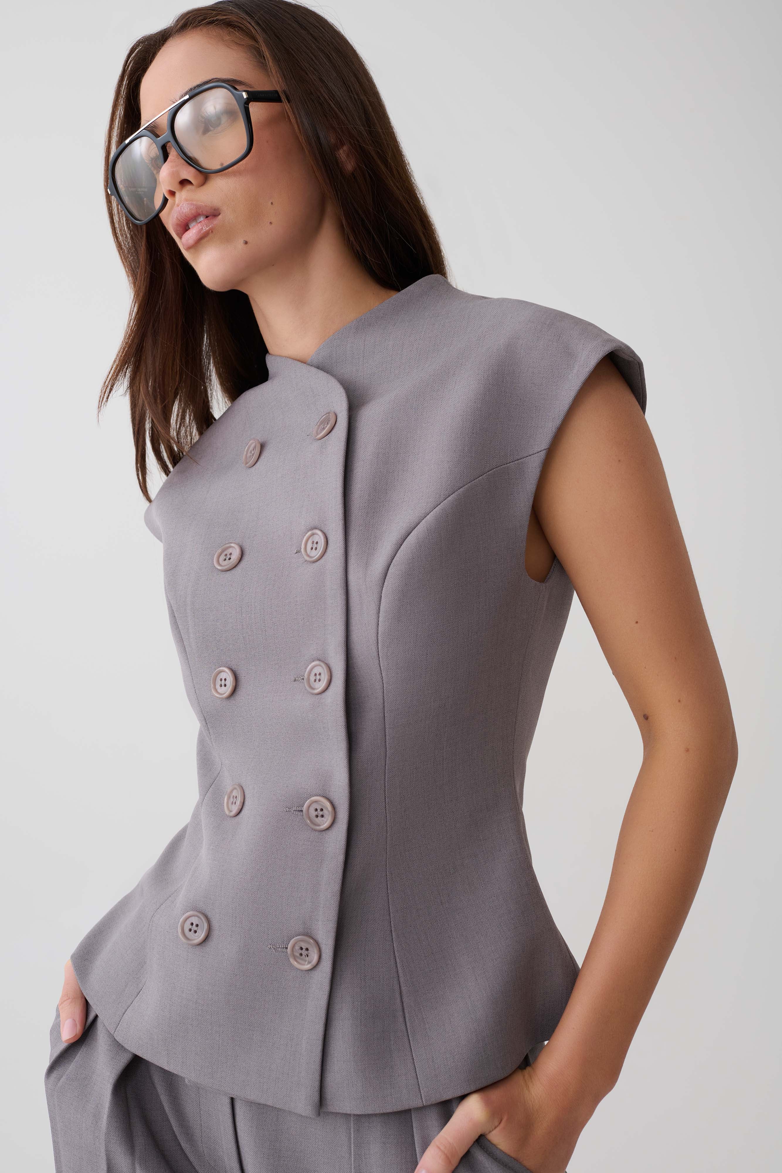 Phoebe Double Breasted Vest - Light Grey Marle | MESHKI US