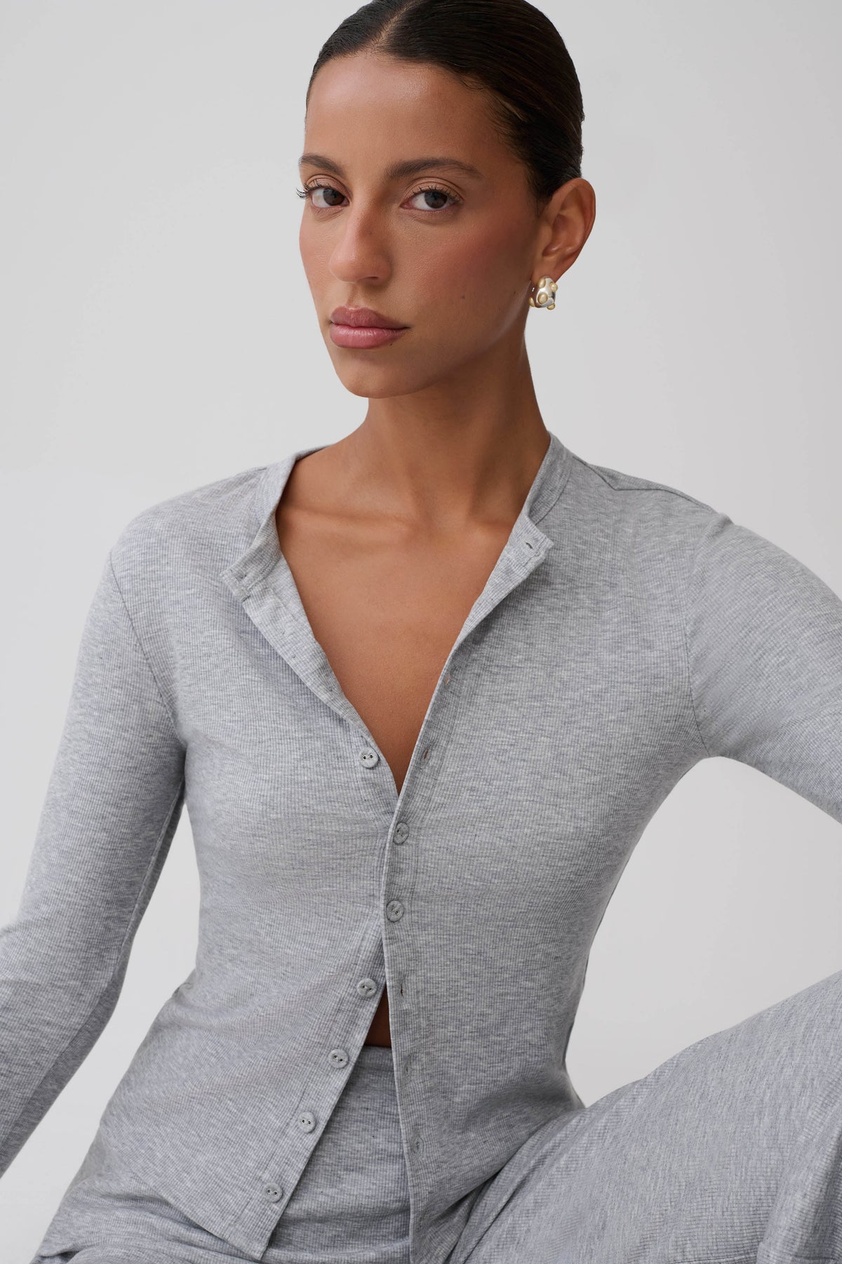 Evadne Button Down Jersey Cardigan - Grey Marle
